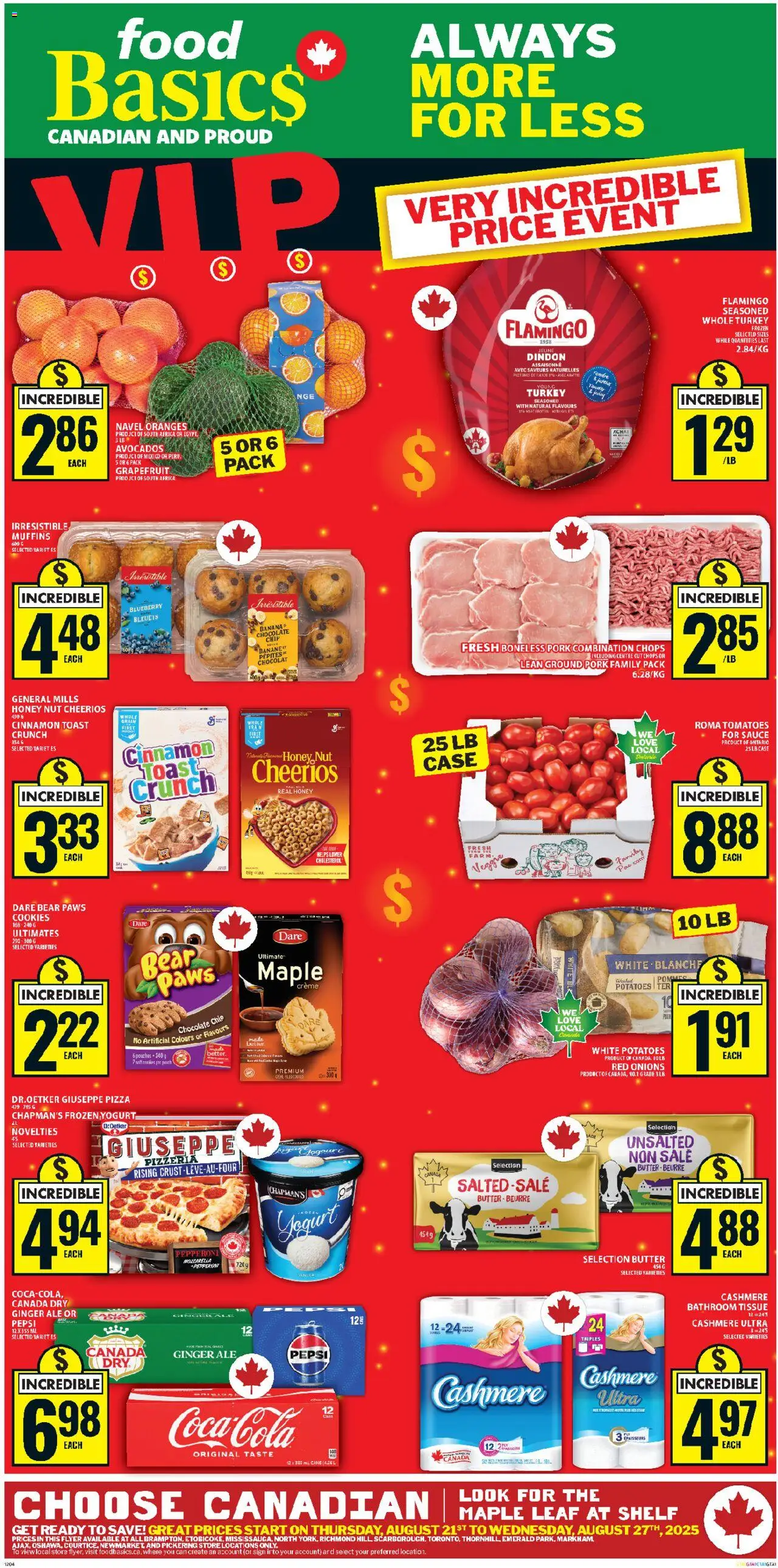 Food Basics flyer valid from 21.08.2025 | Page: 1 | Products: Case, Pizza, Pork, Oranges