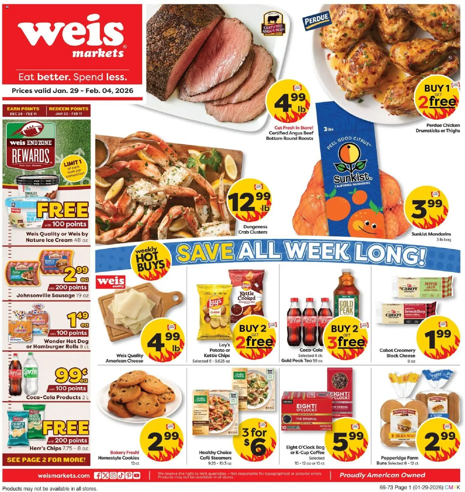 Weis Weekly Ad - valid from 29.01.2026 | Page: 1 | Products: Mandarins, Cheese, Chocolate, Beef