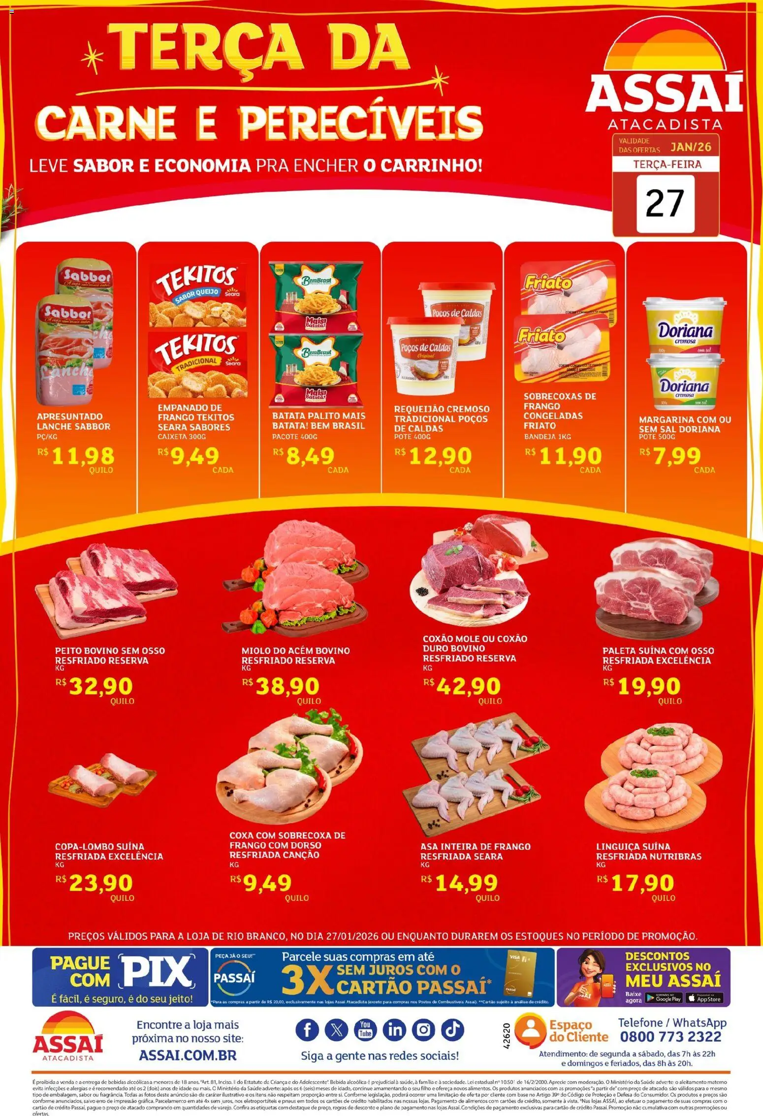 Assaí Atacadista Folheto - válido de 27.01.2026 | Página: 1 | Produtos: Friato, Carne, Bandeja, Telefone