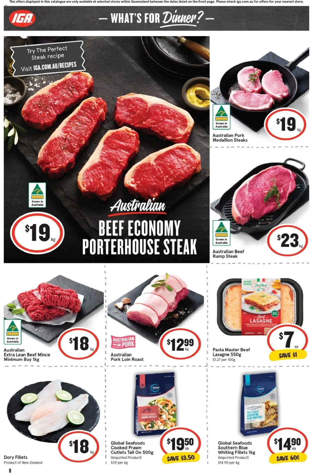 IGA catalogue - valid from 27.08.2025 | Page: 8 | Products: Pork, Beef, Pasta, Steak