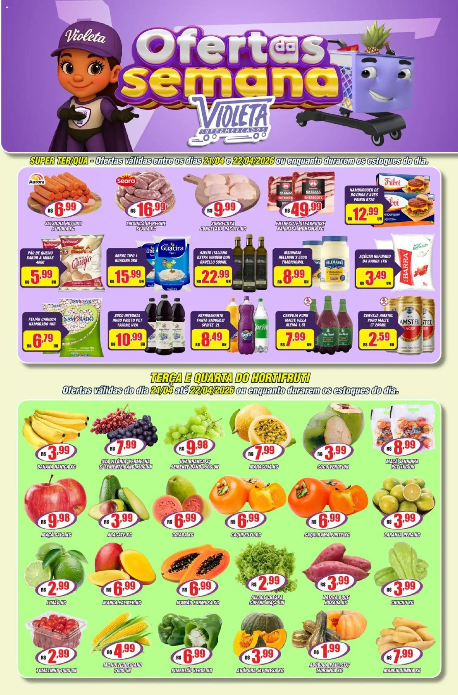 Violeta Supermercados Folheto - válido de 21.04.2026 | Página: 1 | Produtos: Chuchu, Salsicha, Suco, Cerveja