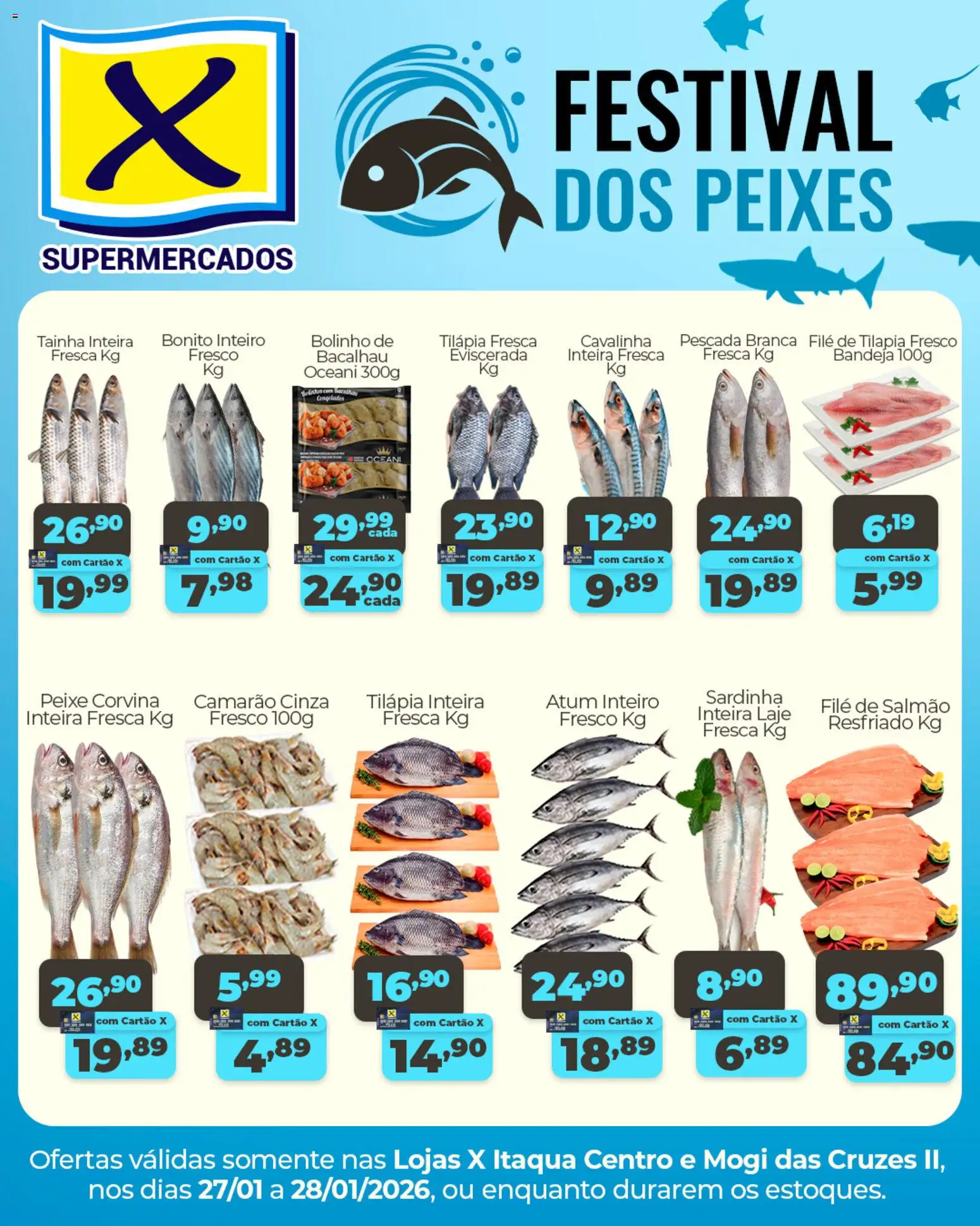 X Supermercados Folheto - válido de 27.01.2026 | Página: 1 | Produtos: Camarão, Peixe, Bandeja, Filé de tilápia
