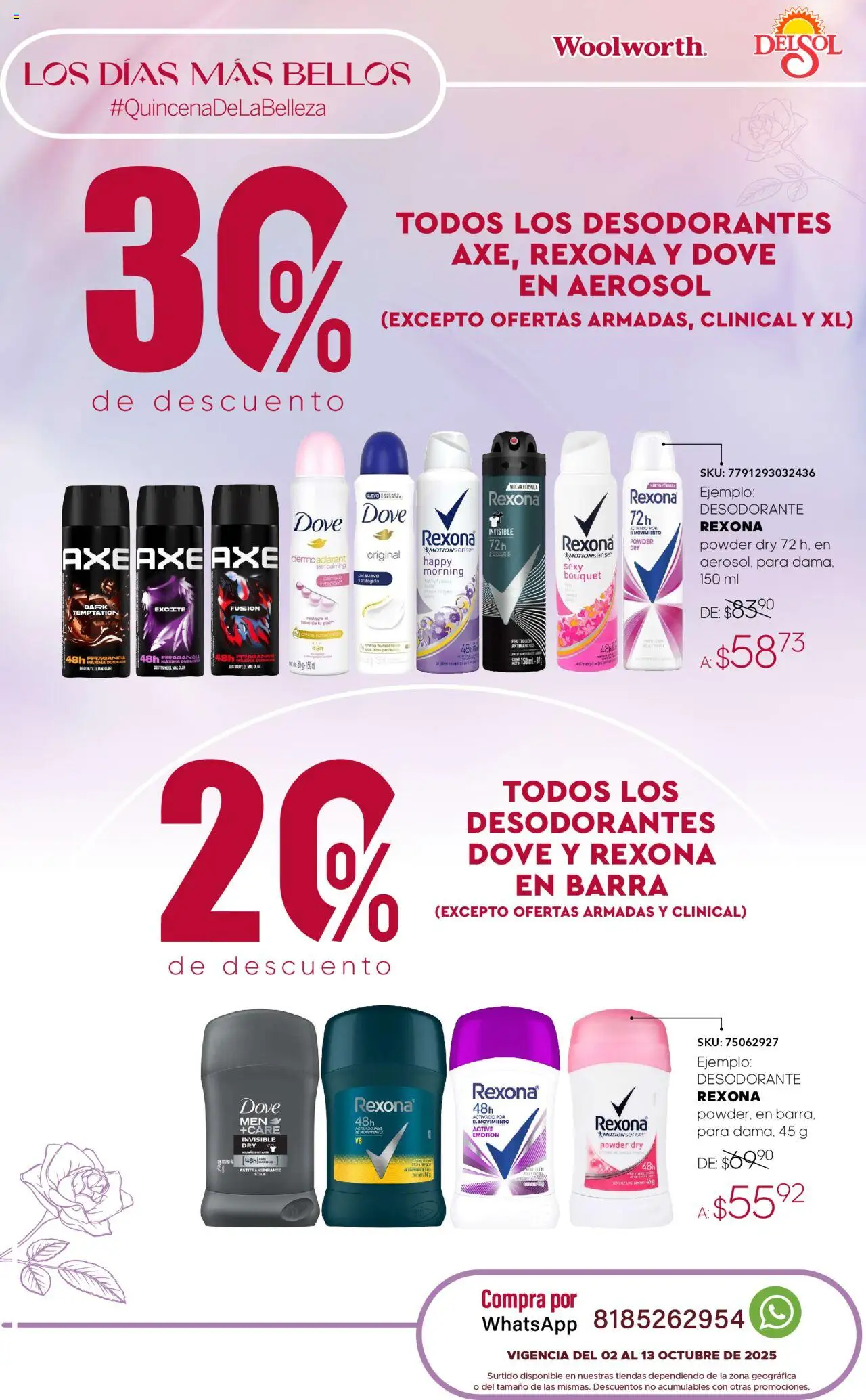 Nuevas ofertas de Del Sol y Woolworth válidas en toda la República Mexicana desde el 02.10.2025. ¡Encuentra las mejores ofertas en Del Sol y Woolworth - Catálogo Quincena de la Belleza Octubre! | Página: 13 | Productos: Desodorante, Crema, Barra, Fragancia