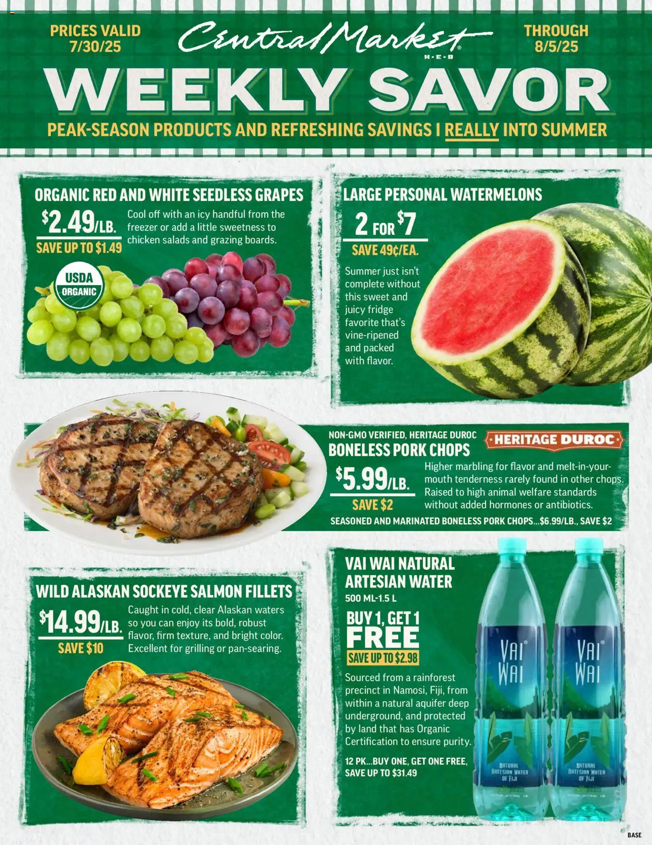 Central Market Weekly Ad - valid from 30.07.2025 | Page: 1 | Products: Pork, Water, Grapes, Freezer