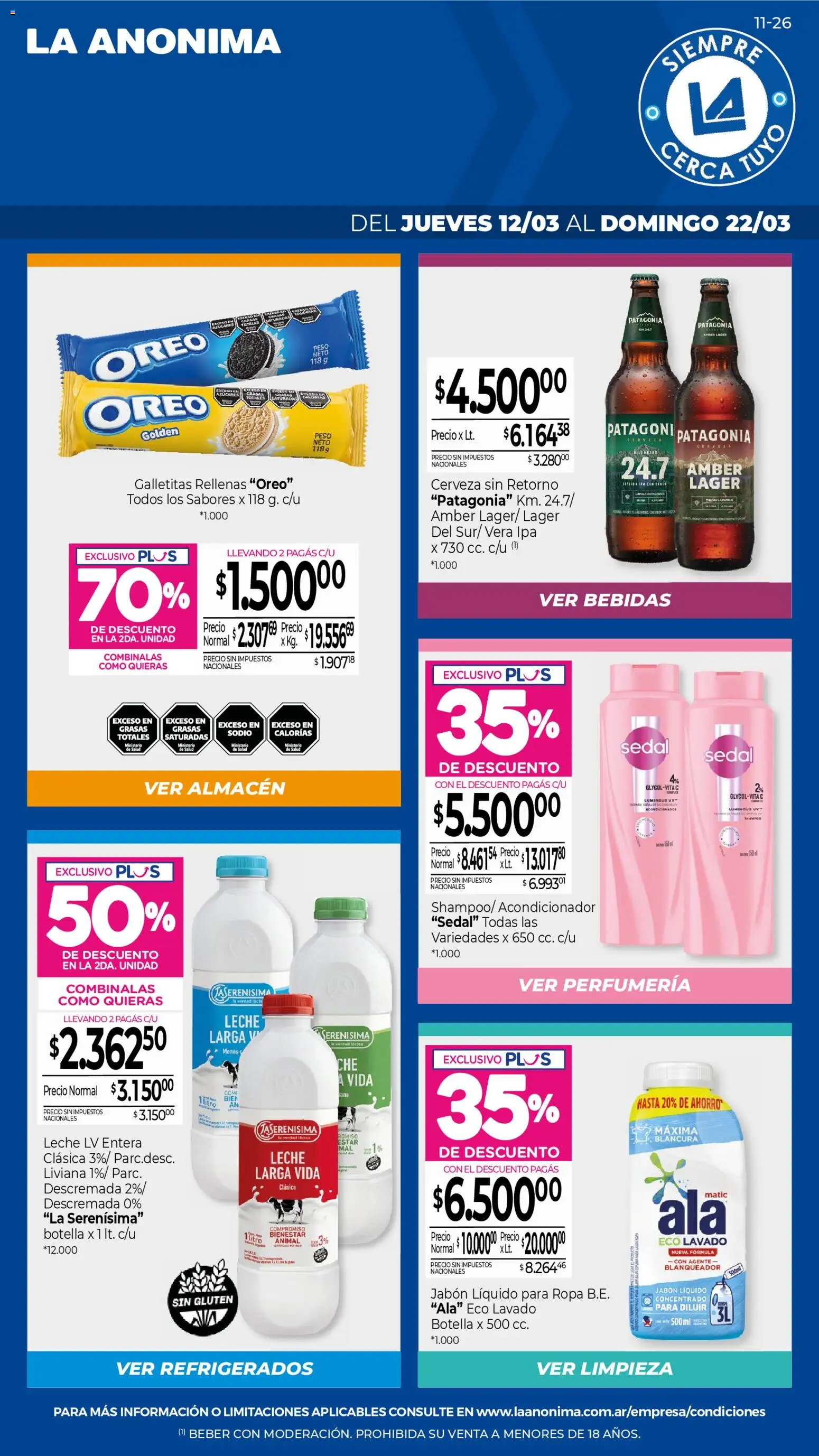 La Anonima catálogo │ válido desde el 13.03.2026 | Página: 1 | Productos: Botella, Jabón líquido, Acondicionador, Ropa