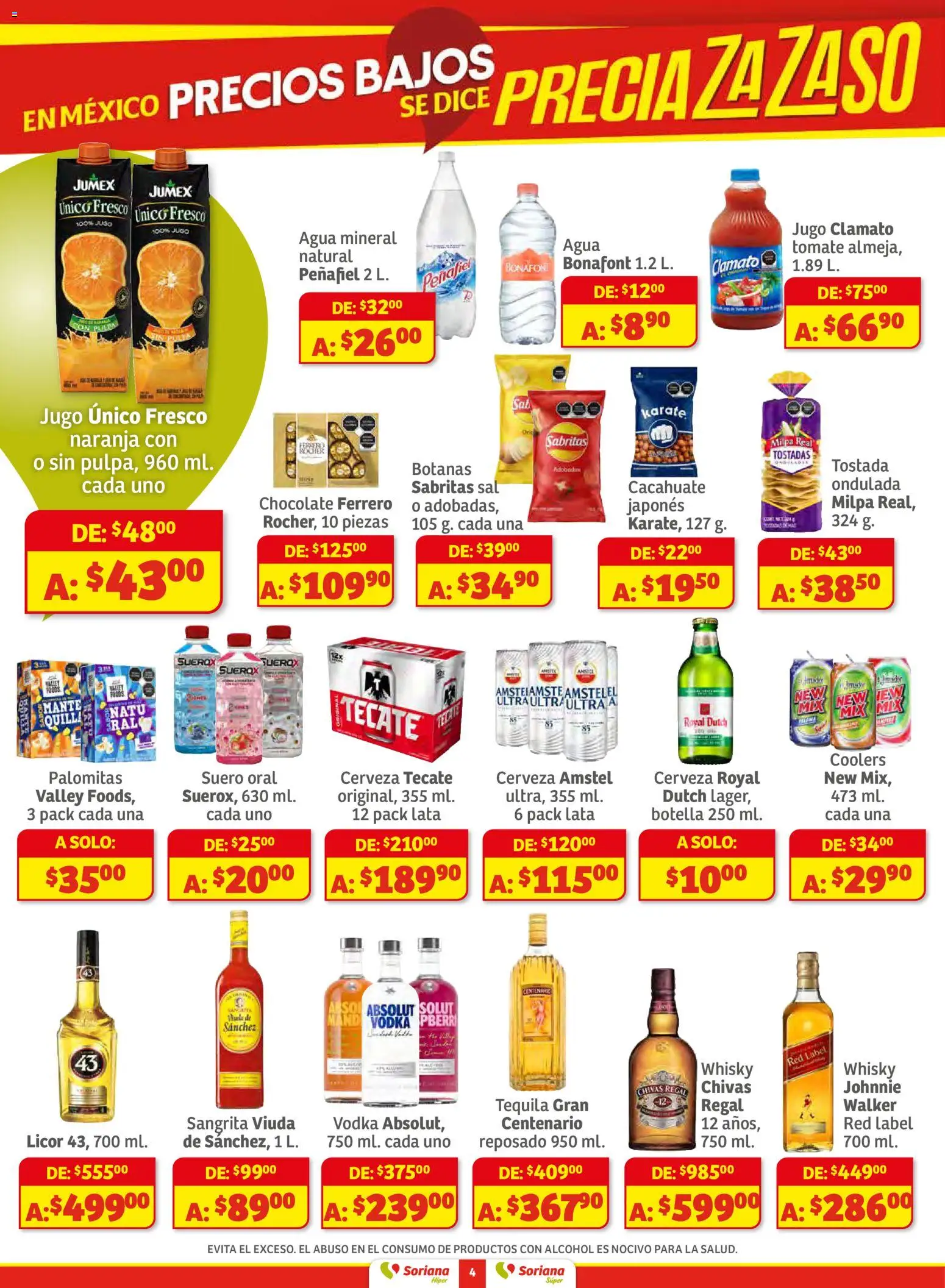 Nuevas ofertas de Soriana válidas en toda la República Mexicana desde el 18.11.2025. ¡Encuentra las mejores ofertas en Soriana - Preciazazaso Súper: Ags, Col, Gto, Jal, Mich! | Página: 4 | Productos: Sal, Tomate, Botella, Whisky