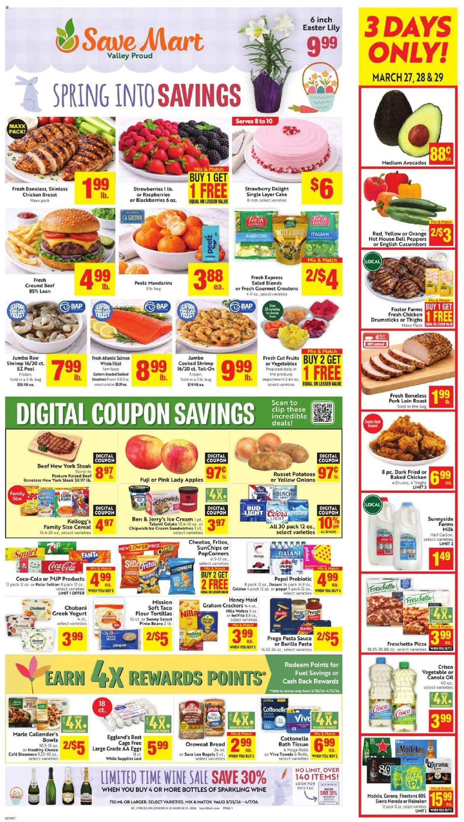 Save Mart Weekly - CA - valid from 25.03.2026 | Page: 1 | Products: Bath, Pork, Cucumbers, Flakes