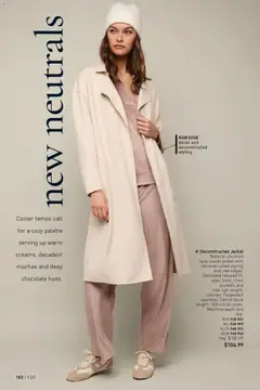 Preview of Deconstructed Jacket, Natural coloured faux-suede jacket with deconstructed styling and raw edges. Oversized relaxed fit, open front, front pockets and mid-calf length. Unlined. Polyester/spandex. Centre back length: 108 cm all sizes. Machine wash and dry. from shop Avon valid from 23.10.2025 | Page: 152 | Products: Jacket, Chocolate