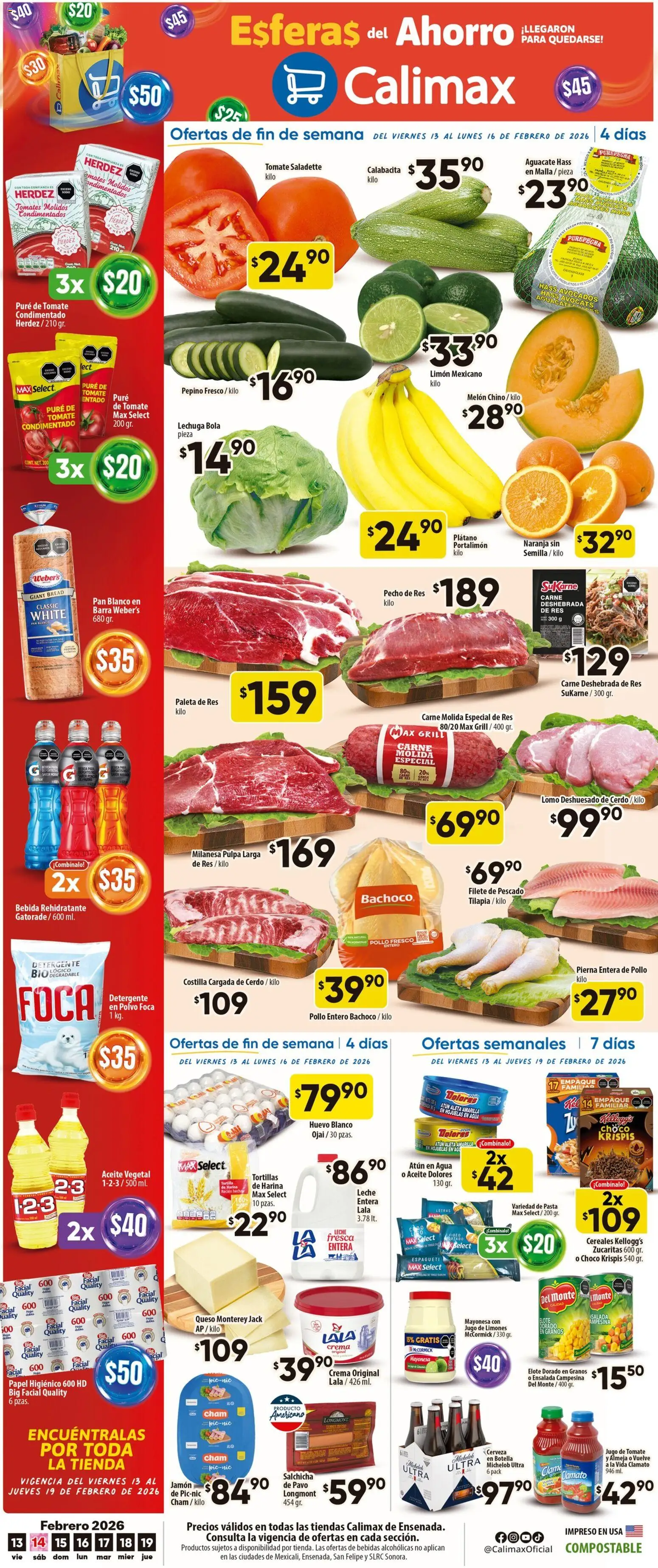 Nuevas ofertas de Calimax válidas en toda la República Mexicana desde el 13.02.2026. ¡Encuentra las mejores ofertas en Calimax folleto Ensenada! | Página: 1 | Productos: Plátano, Milanesa, Atún, Pan
