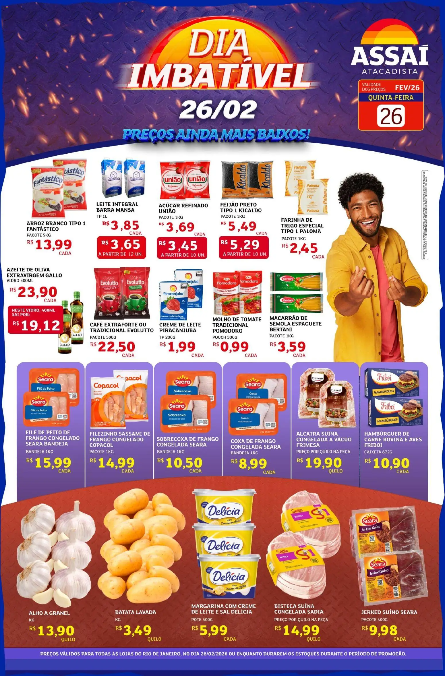Assaí Atacadista Folheto - válido de 26.02.2026 | Página: 1 | Produtos: Leite integral, Alcatra, Coxa de frango, Açúcar
