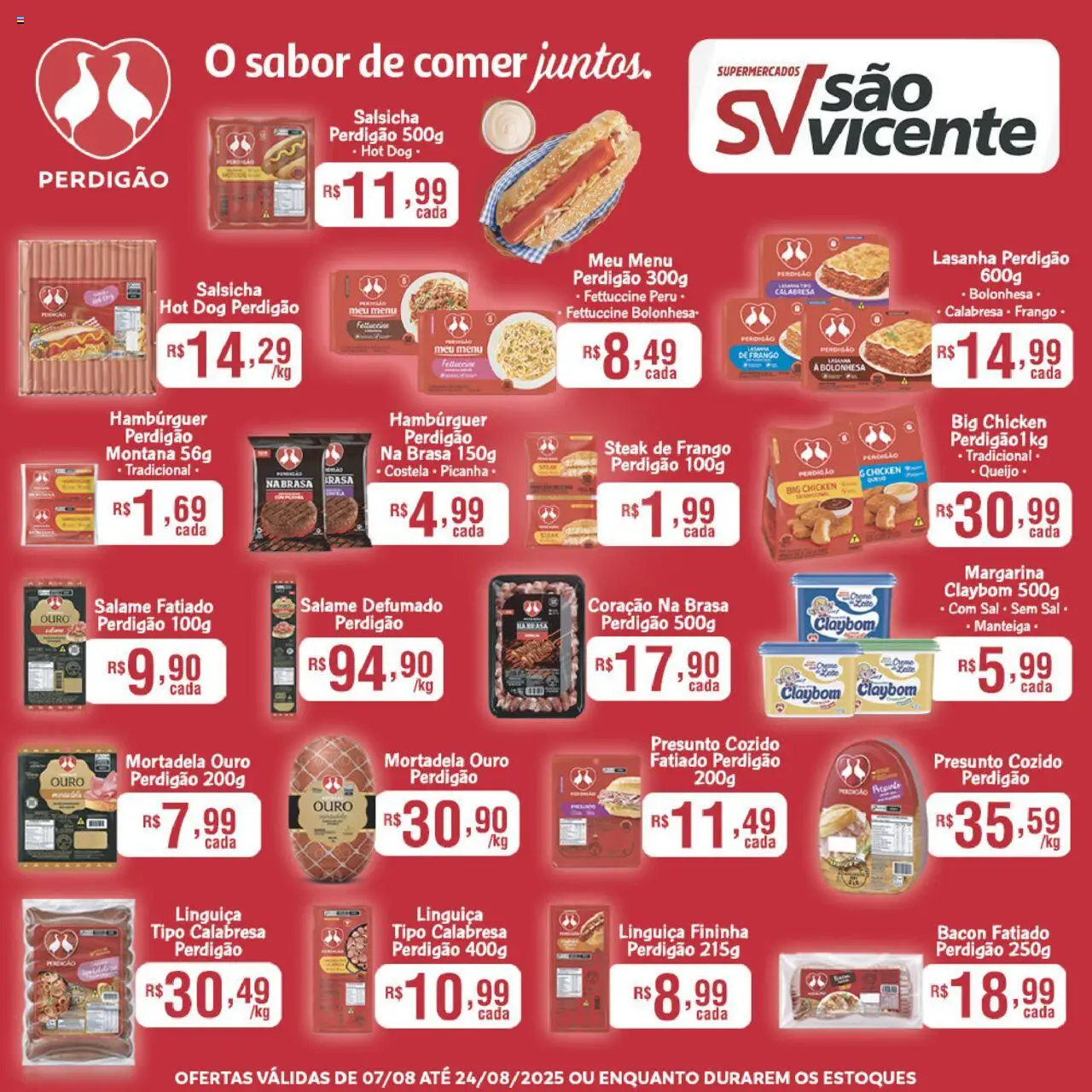 Supermercados São Vicente Folheto - válido de 07.08.2025 | Página: 1 | Produtos: Salsicha, Hambúrguer, Lasanha, Frango