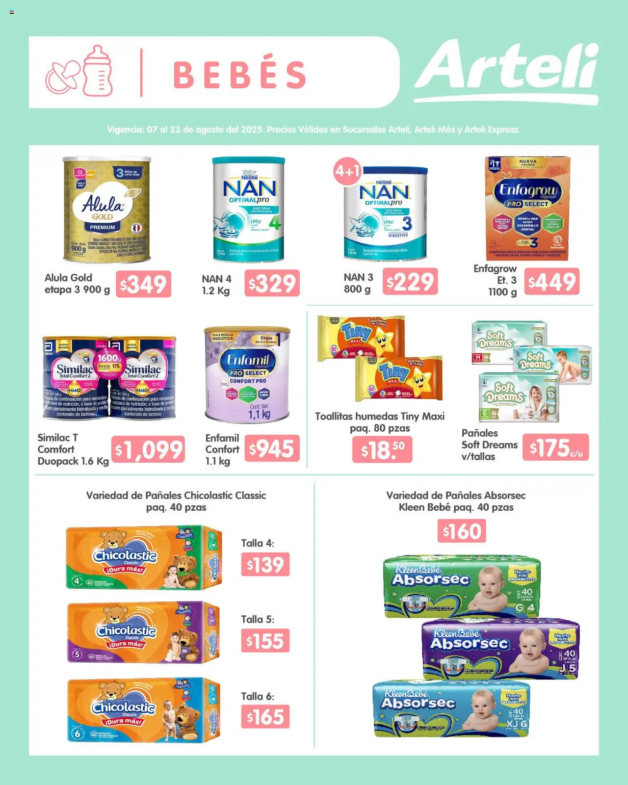 Nuevas ofertas de Arteli válidas en toda la República Mexicana desde el 07.08.2025. ¡Encuentra las mejores ofertas en Arteli - Folleto Quincenal ! | Página: 13 | Productos: Toallitas húmedas, Leche, Pañales, Polvo