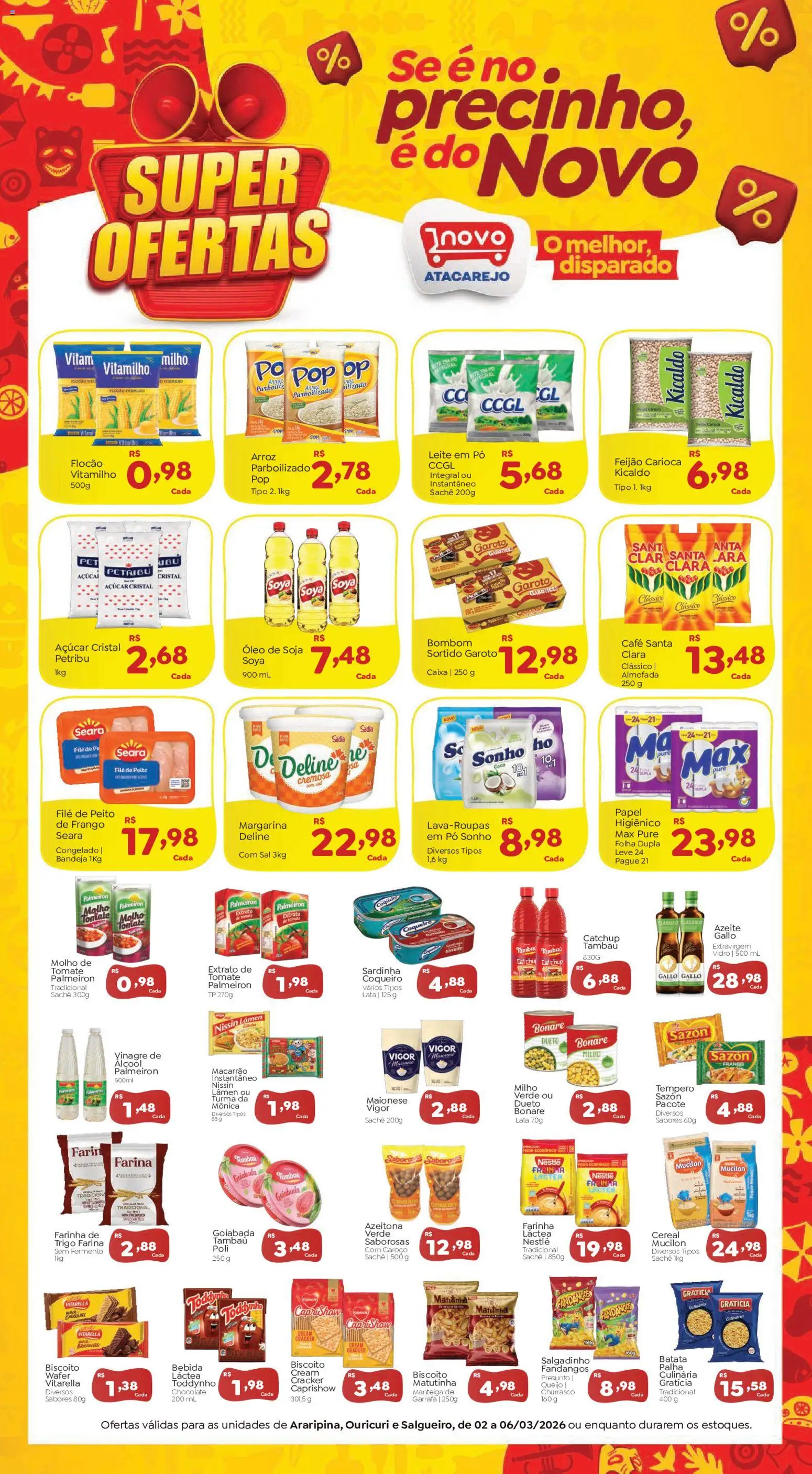 Novo Atacarejo Folheto - válido de 02.03.2026 | Página: 1 | Produtos: Vinagre, Batata, Sal, Azeite