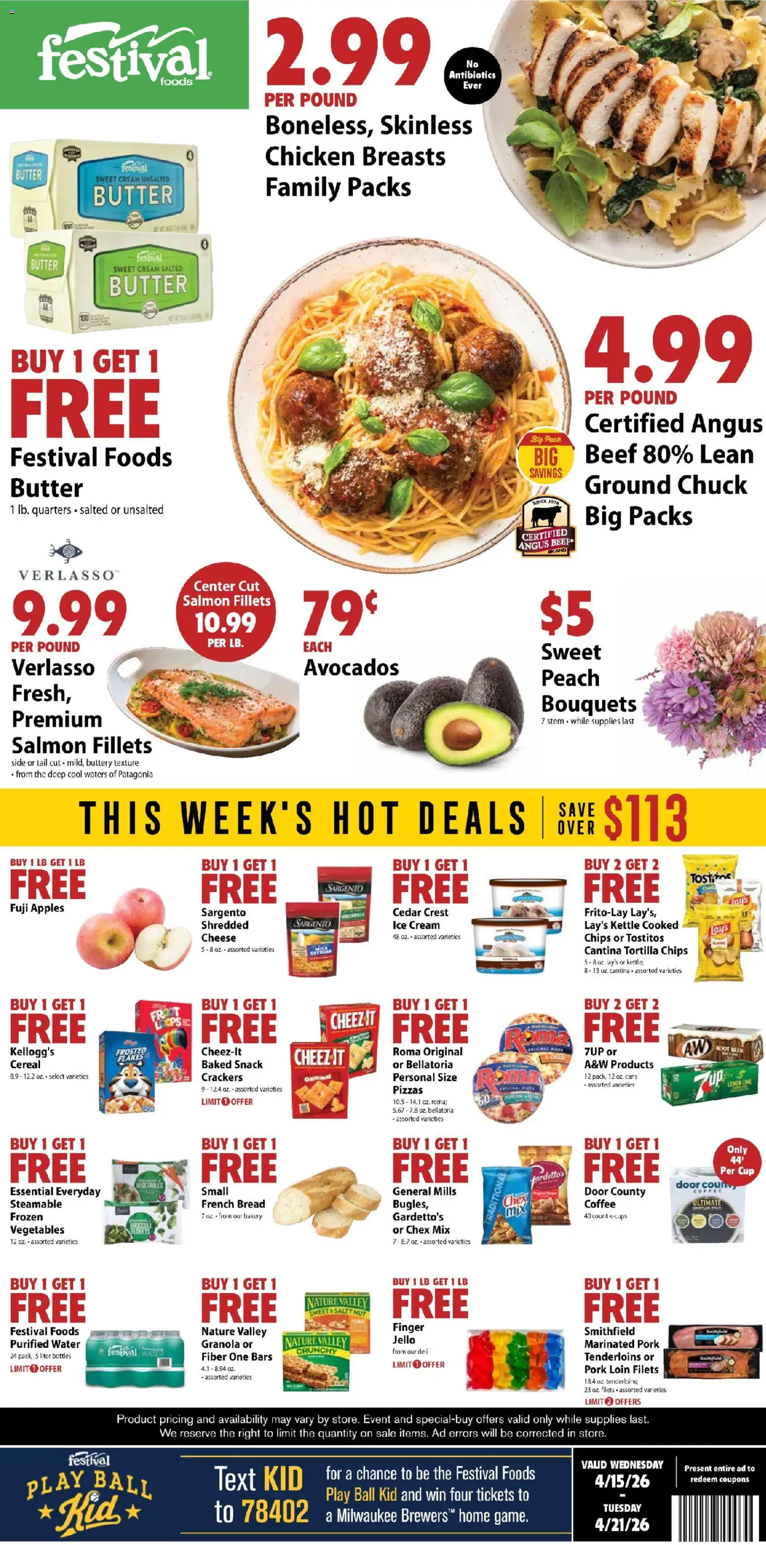 Festival Foods Weekly Ad - valid from 15.04.2026 | Page: 1 | Products: Bread, Coffee, Pork, Lemon