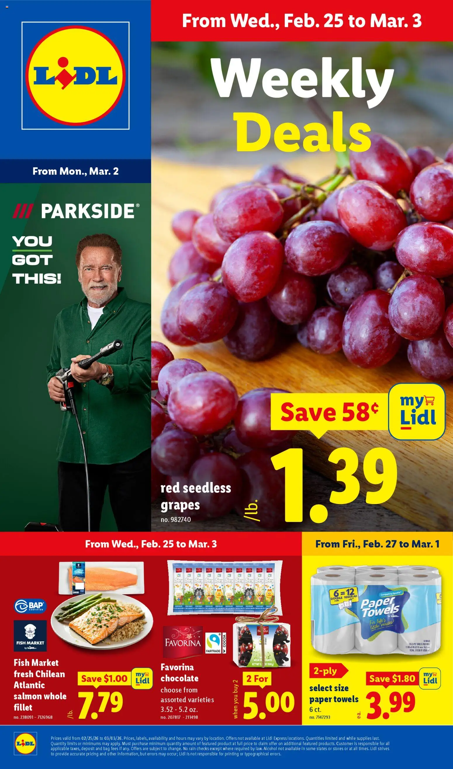 Lidl Weekly Ad - valid from 25.02.2026 | Page: 1 | Products: Milk, Fish, Grapes, Bag