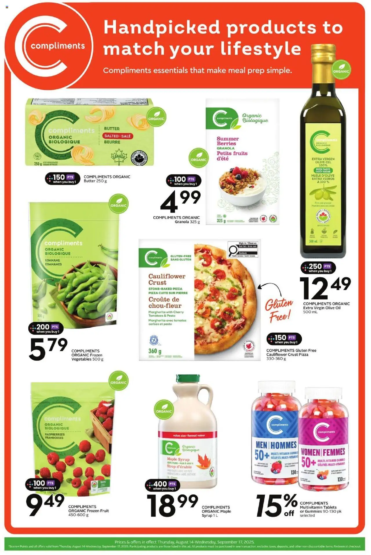 Sobeys flyer valid from 14.08.2025 | Page: 4 | Products: Butter, Oil, Pizza, Tomatoes
