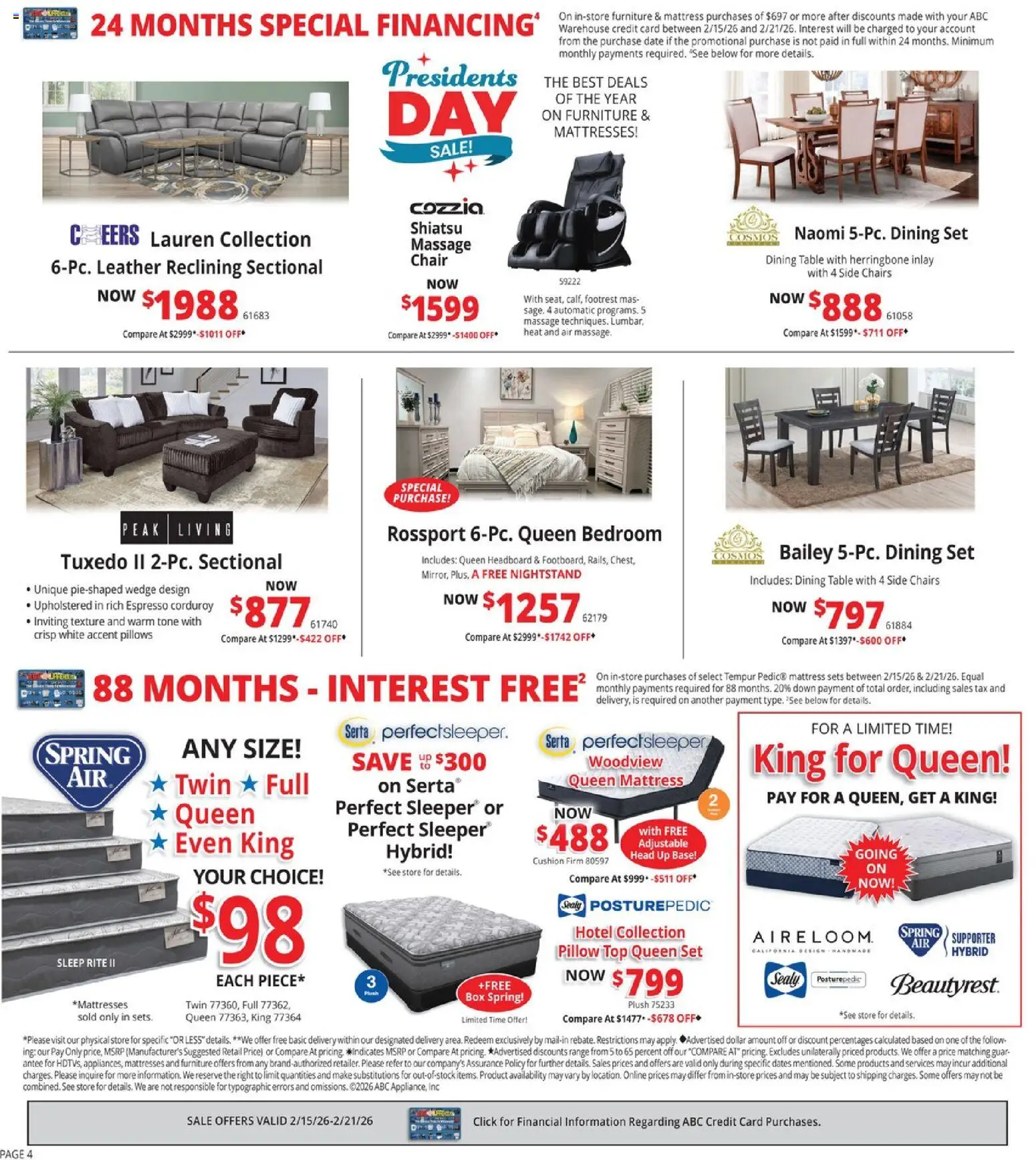 ABC Warehouse Weekly Ad - valid from 15.02.2026 | Page: 4 | Products: Pillow, Table, Chair, Sectional