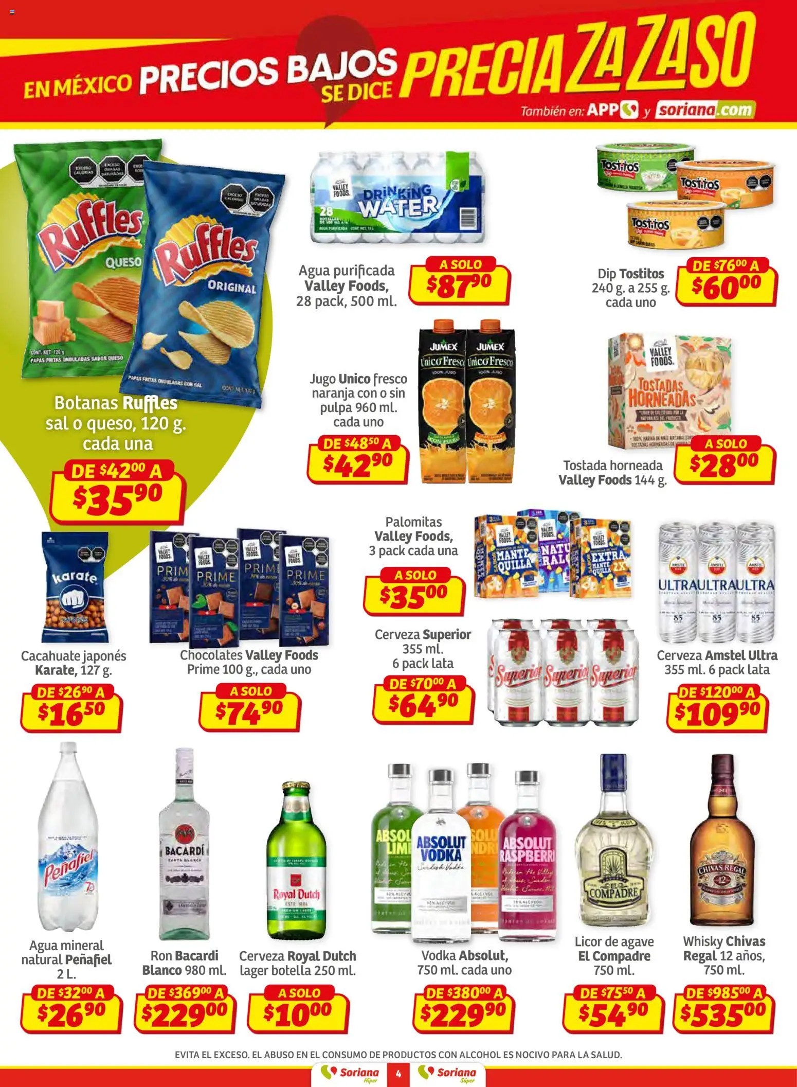 Nuevas ofertas de Soriana válidas en toda la República Mexicana desde el 15.01.2026. ¡Encuentra las mejores ofertas en Soriana - Preciazazaso Súper: Frontera Chia, Q. Roo! | Página: 4 | Productos: Sal, Cacahuate, Queso, Vodka