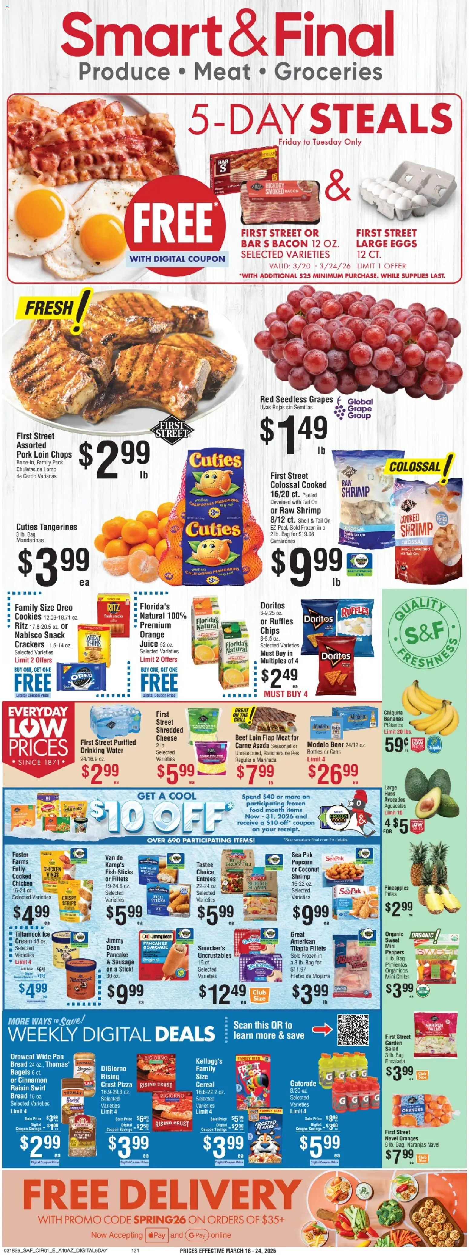 Smart & Final Weekly Ad - valid from 20.03.2026 | Page: 1 | Products: Oranges, Chips, Cream, Water