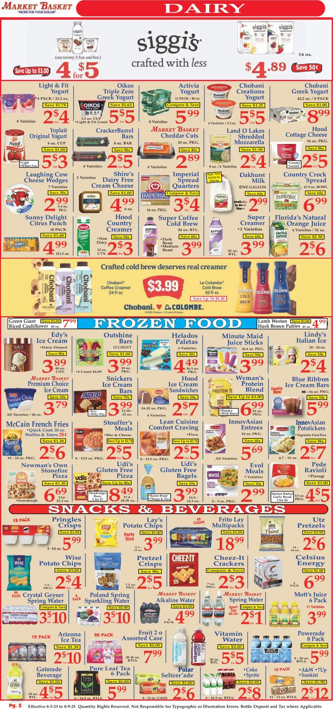 Market Basket Ad - valid from 03.08.2025 | Page: 5 | Products: Cream, Ice cream, Water, Cauliflower