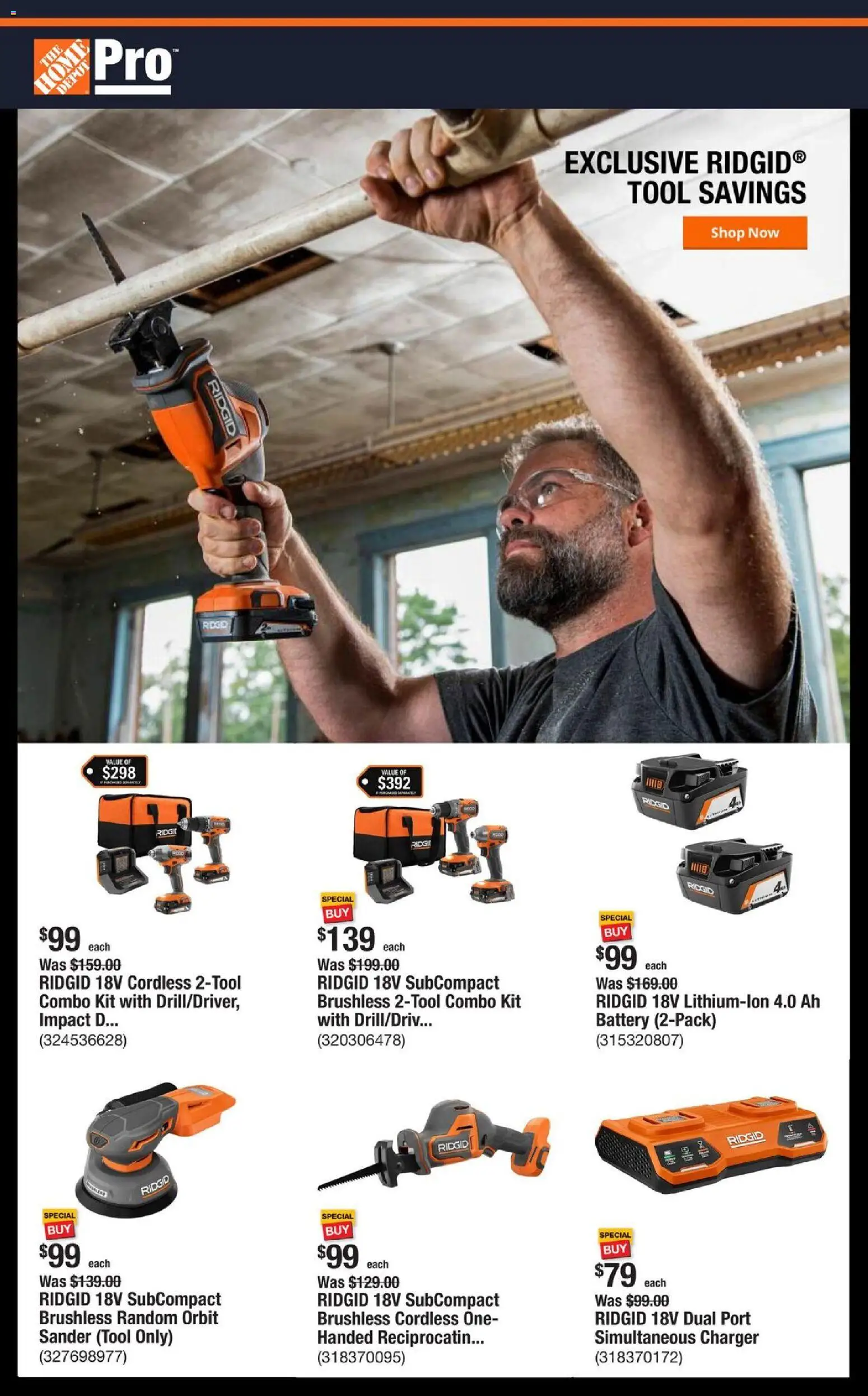 Home Depot Shop Pro Ad - NY - valid from 08.12.2025 | Page: 1 | Products: Sander, Battery, Charger