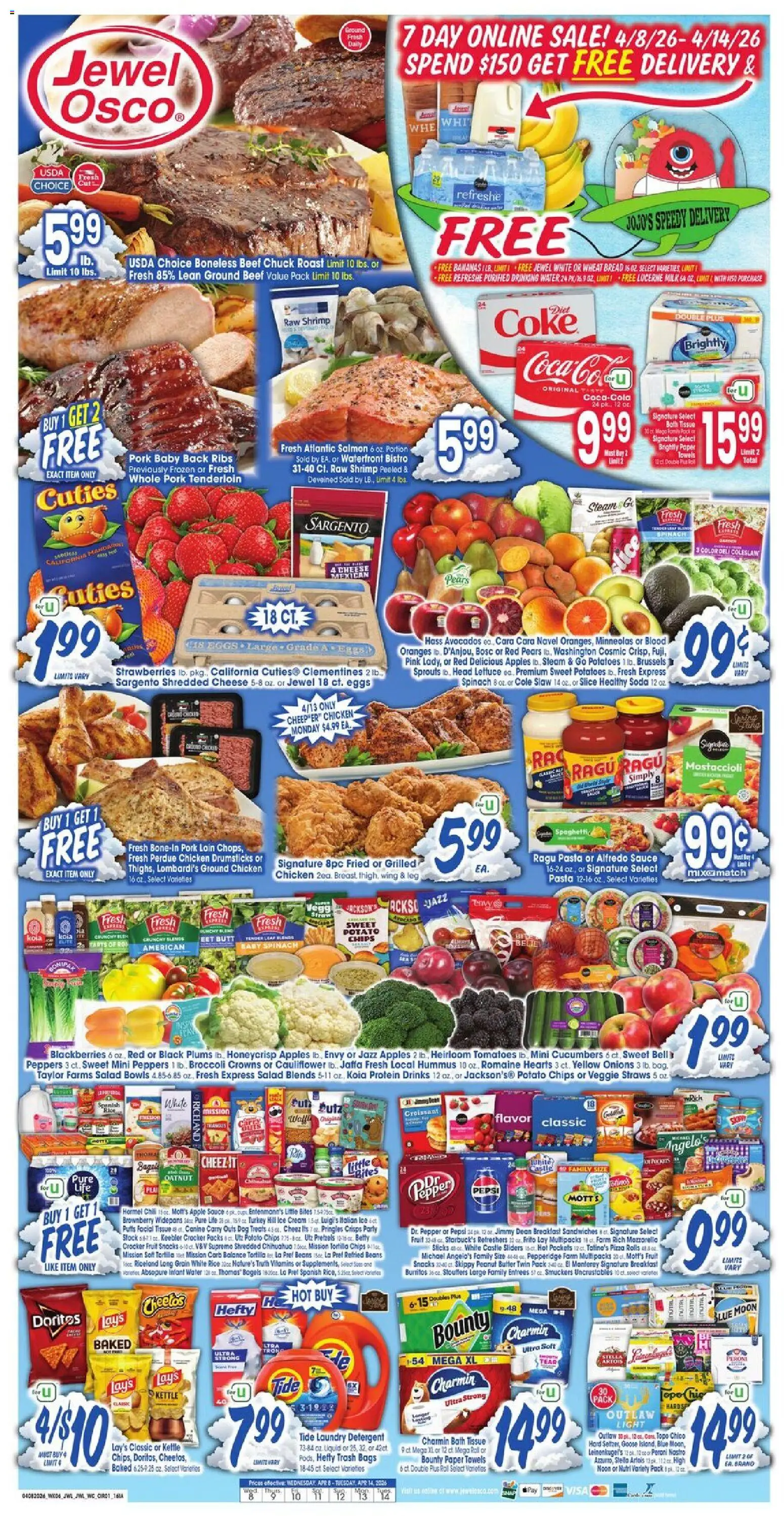 Jewel Osco Weekly Ad - IA - valid from 08.04.2026 | Page: 1 | Products: Spinach, Cheese, Cream, Potatoes