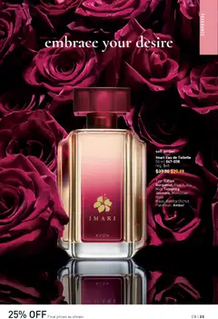 Preview of Imari Eau de Toilette, soft amber 50 ml 047-038 Top: Italian Bergamot, Peach, Iris Mid: Tempting Jasmine, Moroccan Rose Base: Vanilla Orchid, Patchouli, Amber from shop Avon valid from 09.04.2026 | Page: 23