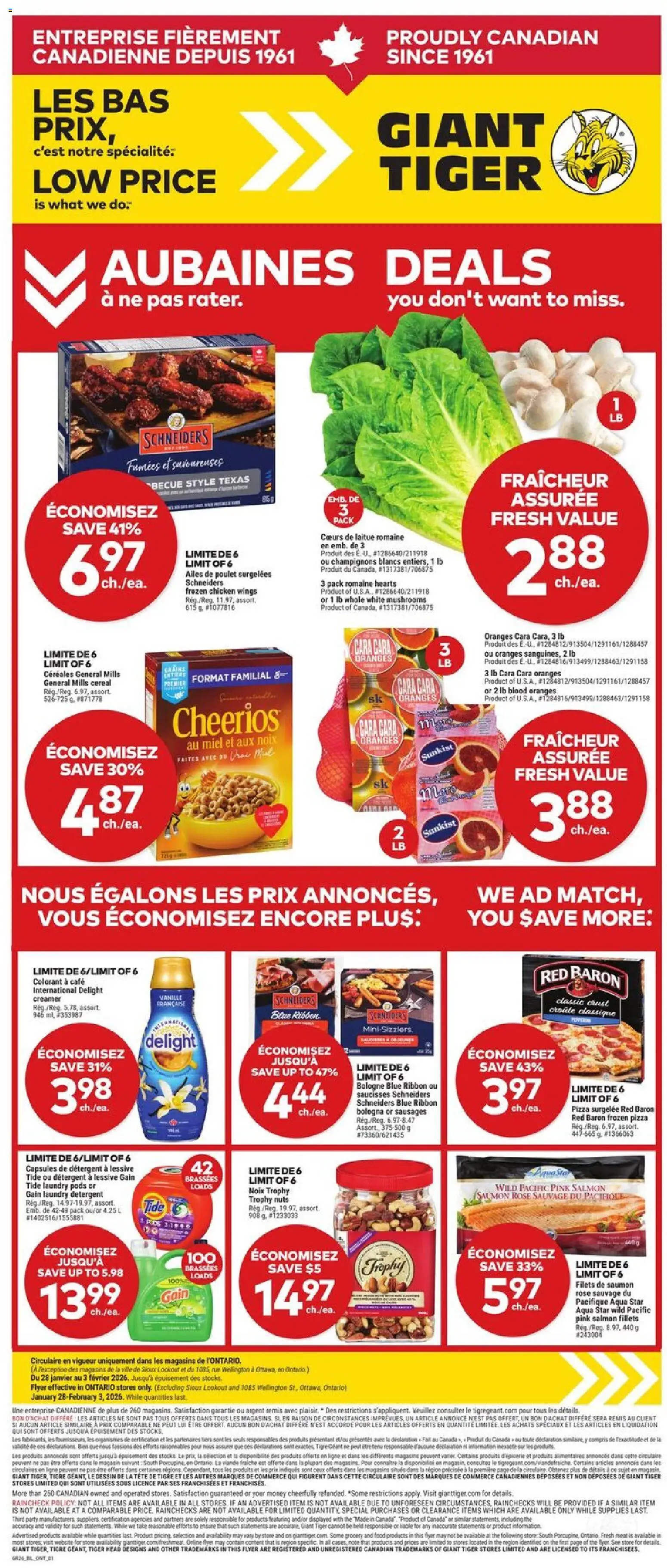 Giant Tiger flyer valid from 28.01.2026 | Page: 1 | Products: Nuts, Chicken wings, Coffee, Pizza