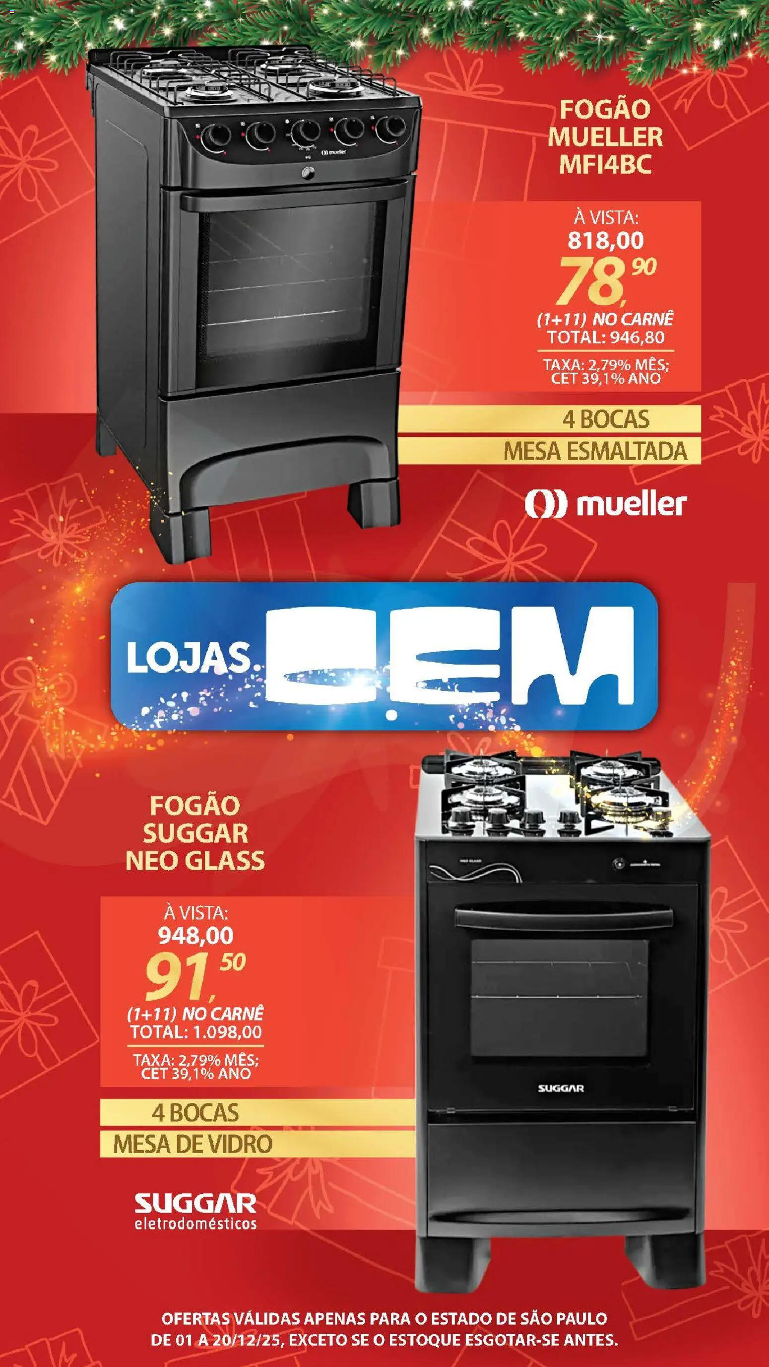 Lojas Cem Folheto - válido de 01.12.2025 | Página: 39 | Produtos: Fogão, Mesa, Carne, Eletrodomésticos