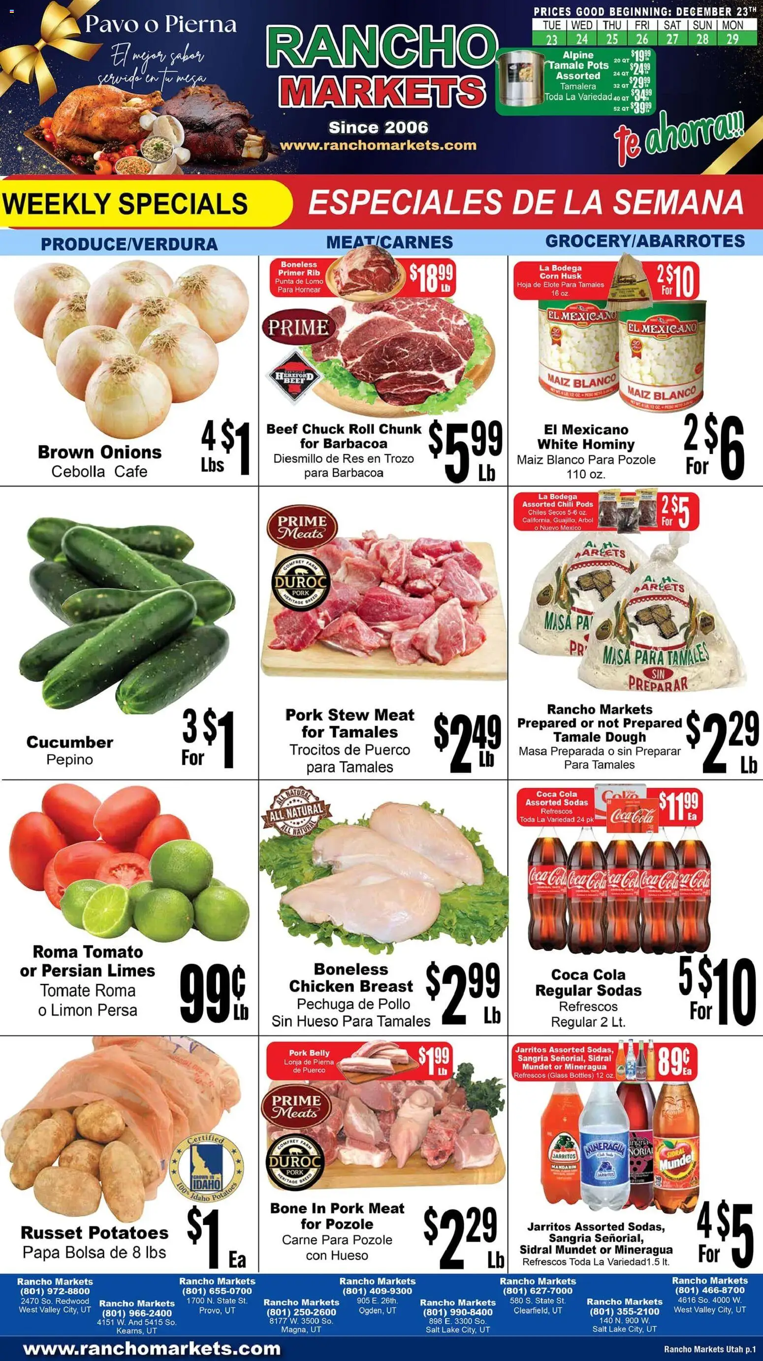 Rancho Markets Weekly Ad - valid from 23.12.2025 | Page: 1 | Products: Pork, Beef, Potatoes, Salt