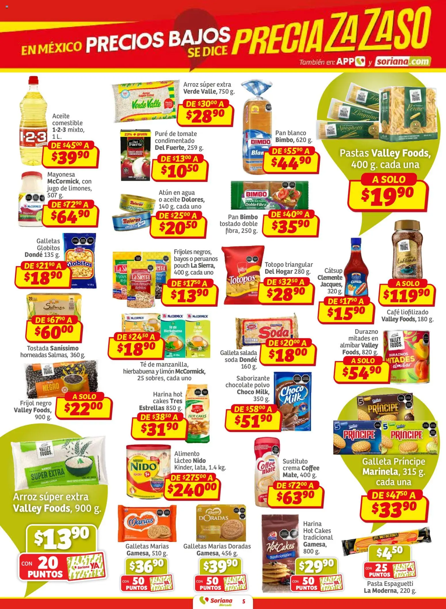 Nuevas ofertas de Soriana válidas en toda la República Mexicana desde el 30.01.2026. ¡Encuentra las mejores ofertas en Soriana - Pesito Valedor Mercado: Camp, Chia, Oax, Q. Roo, Tab, Yuc! | Página: 5 | Productos: Harina, Atún, Tomate, Agua