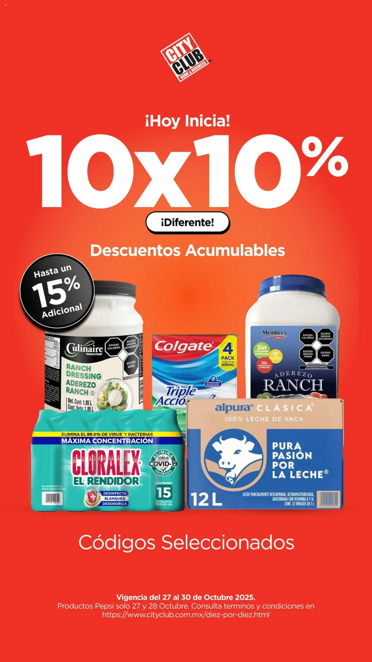 Nuevas ofertas de City Club válidas en toda la República Mexicana desde el 27.10.2025. ¡Encuentra las mejores ofertas en City Club catálogo El 10x10 ya es hoy! | Página: 1 | Productos: Aderezo, Leche, Ropa