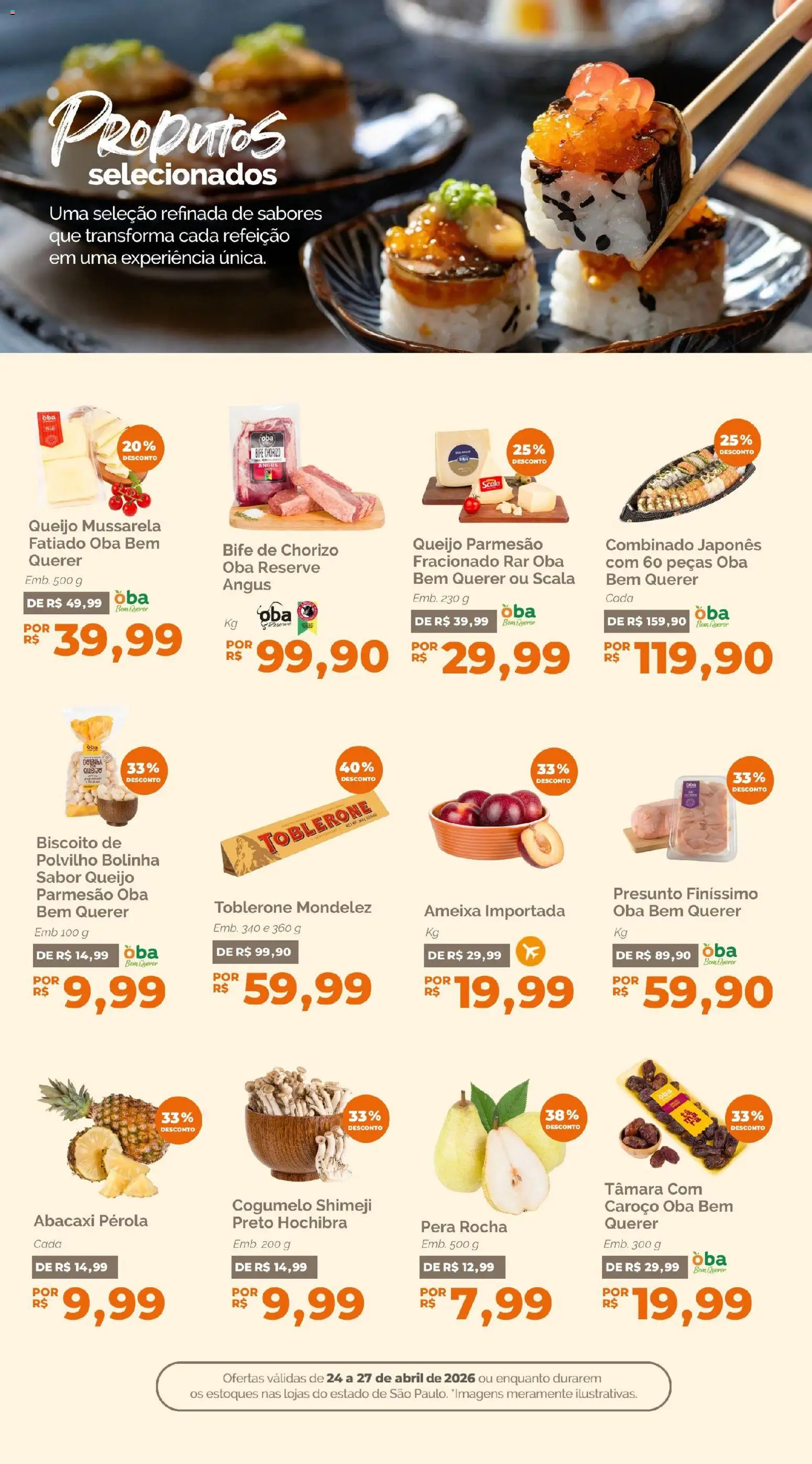 Oba Hortifruti Folheto - válido de 24.04.2026 | Página: 6 | Produtos: Pera, Cogumelo, Queijo parmesão, Mussarela