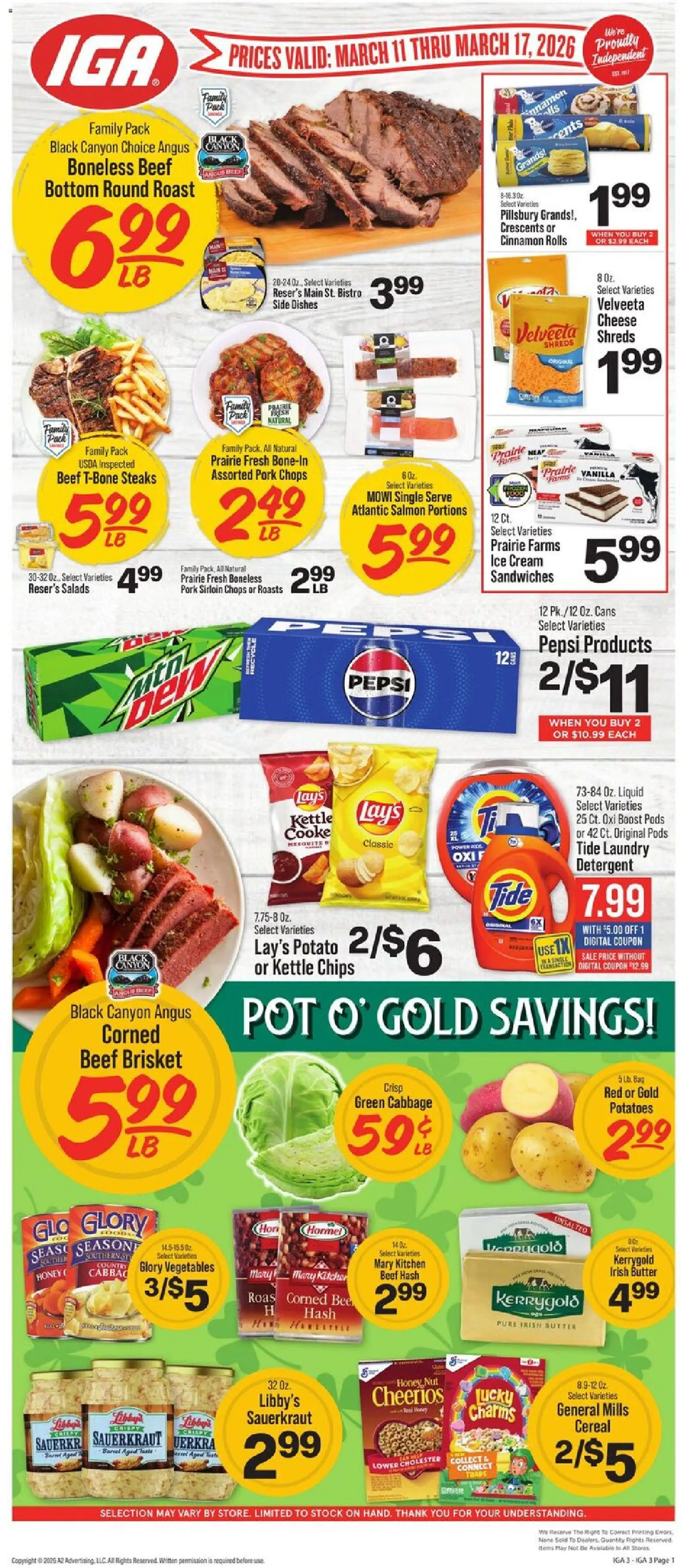 IGA Weekly Ad - valid from 11.03.2026 | Page: 1 | Products: Butter, Detergent, Cabbage, Bag