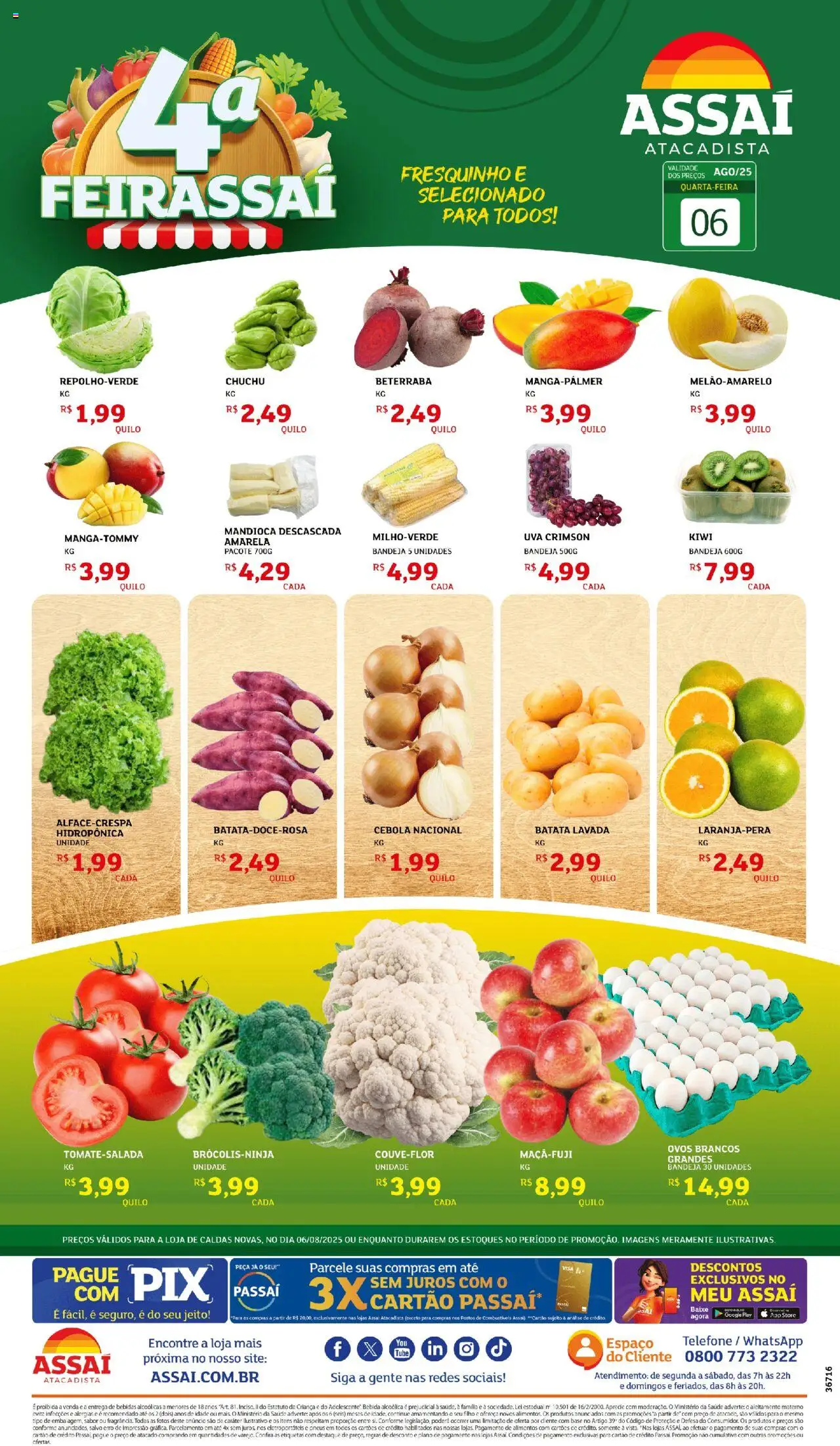 Assaí Atacadista Folheto - válido de 06.08.2025 | Página: 1 | Produtos: Mandioca, Kiwi, Bandeja, Telefone