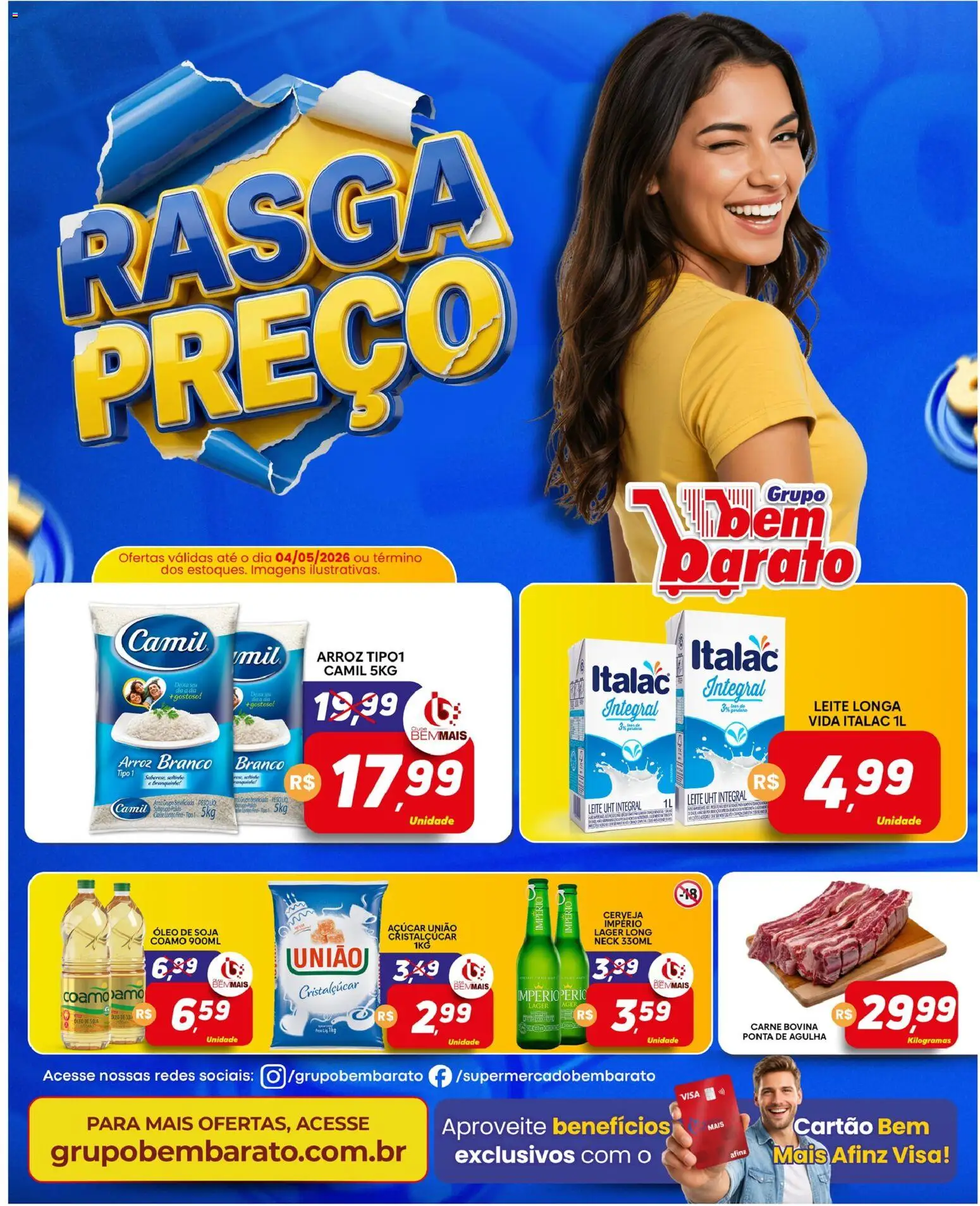 Supermercado Bem Barato Folheto - válido de 28.04.2026 | Página: 1 | Produtos: Leite, Óleo, Carne, Açúcar