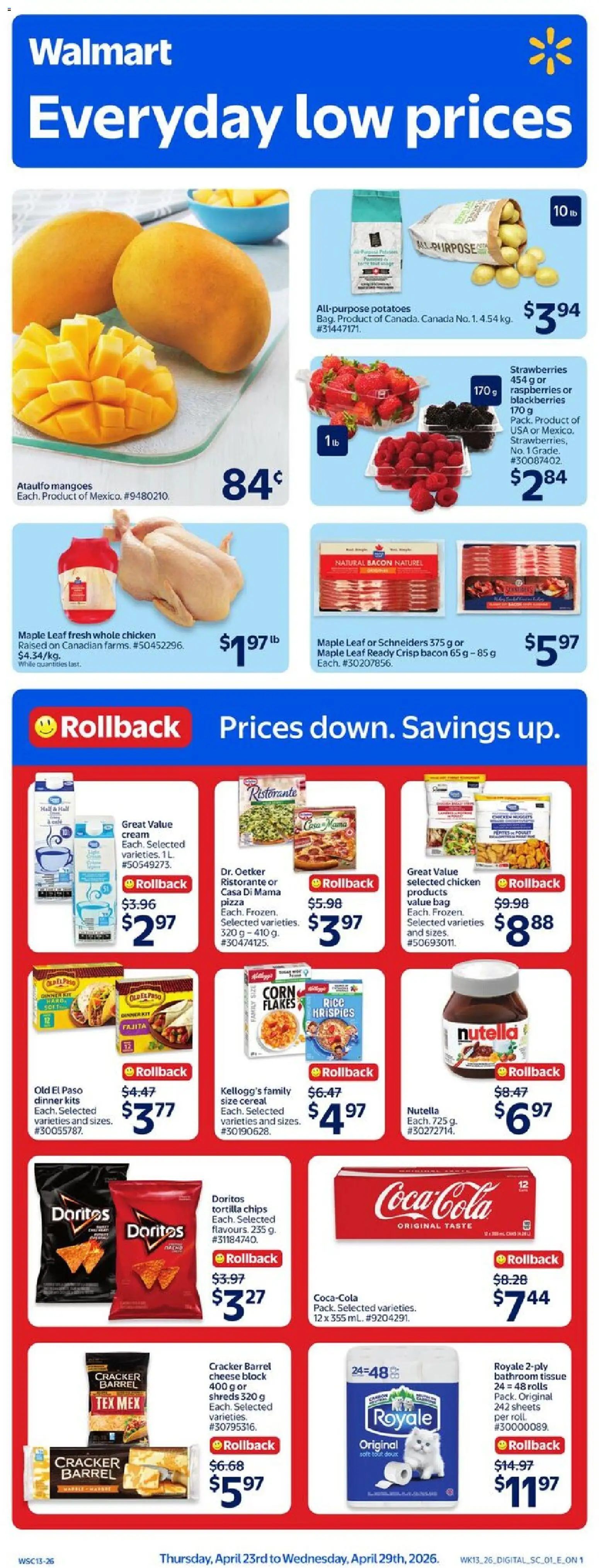 Walmart flyer valid from 23.04.2026 | Page: 1 | Products: Flakes, Potatoes, Cheese, Pizza