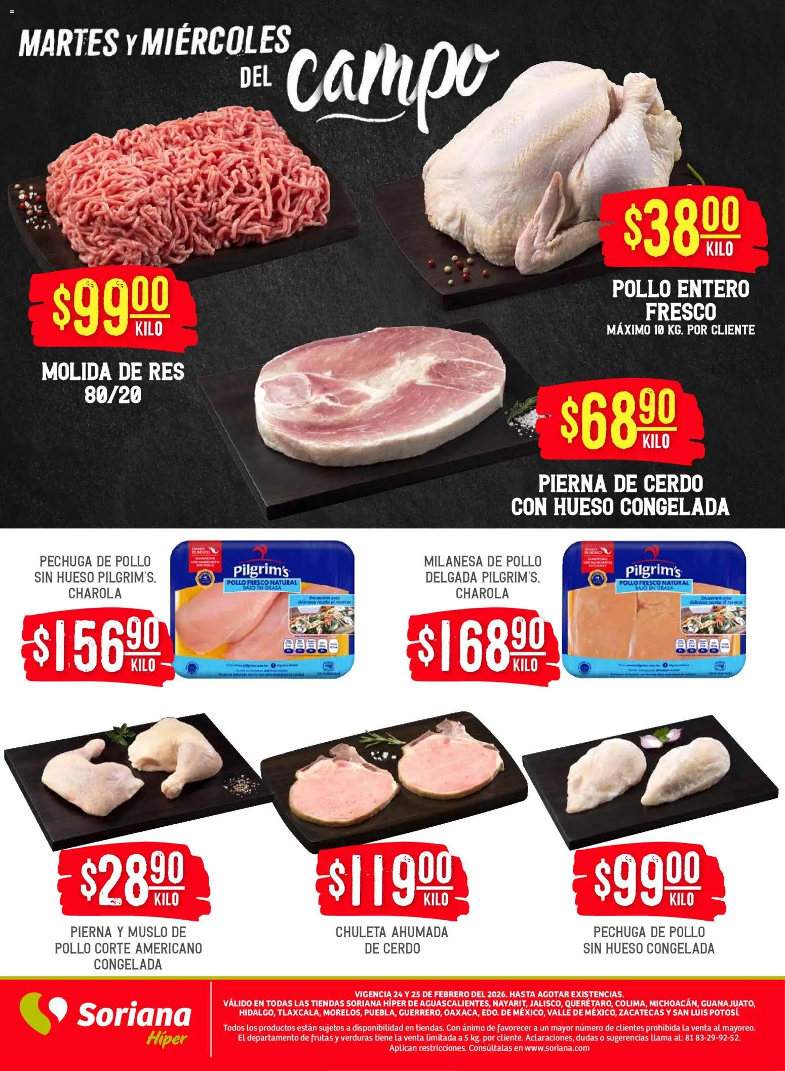 Nuevas ofertas de Soriana válidas en toda la República Mexicana desde el 24.02.2026. ¡Encuentra las mejores ofertas en Soriana - Martes y Miércoles del Campo Híper: Ags, Nay, Jal, Qro, Col, Mich, Gto, Hgo, Tlax, Mor, Pue, Gro, Oax, Edo. de Mex, Vall! | Página: 5 | Productos: Pollo, Milanesa, Cerdo, Res