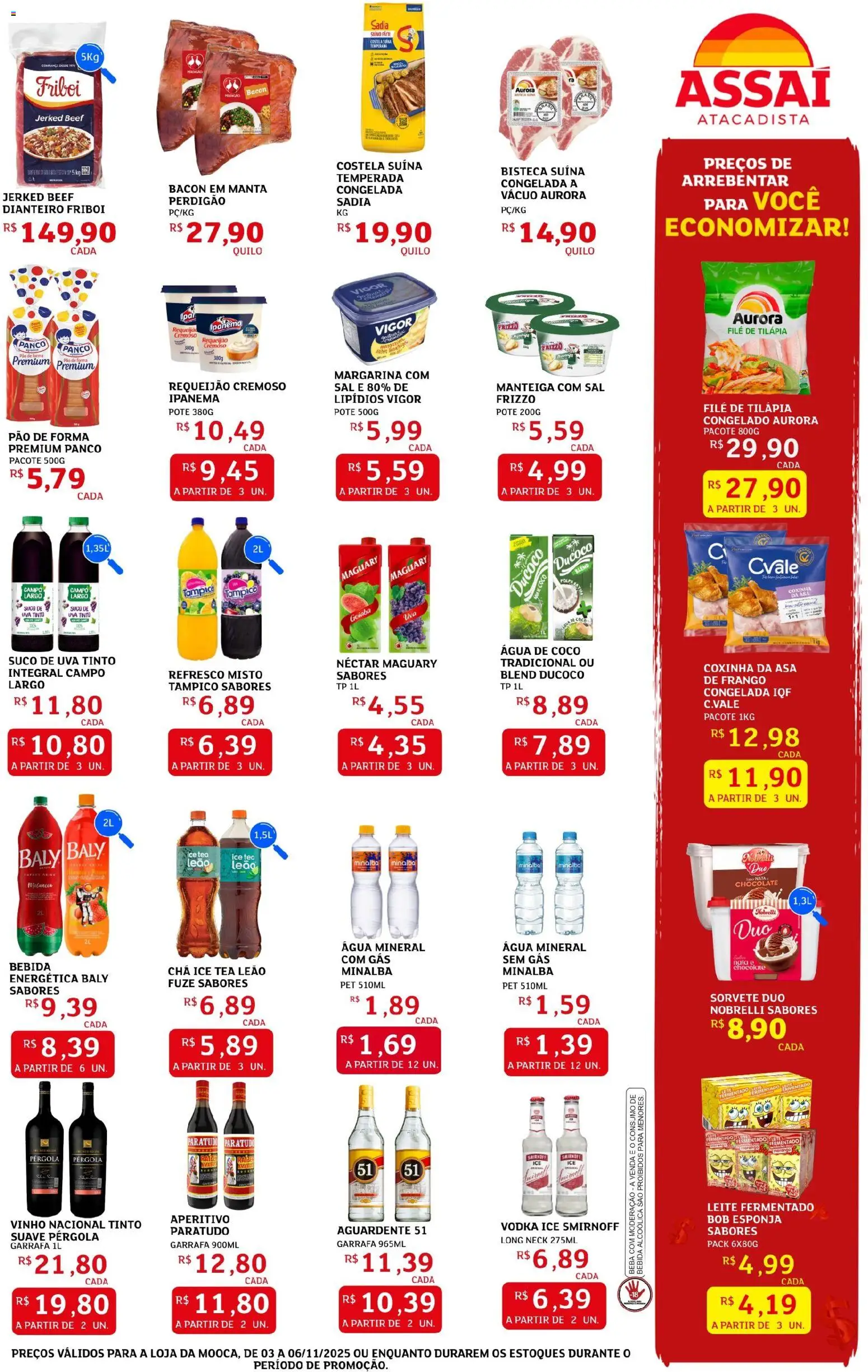 Assaí Atacadista Folheto - válido de 03.11.2025 | Página: 3 | Produtos: Pão de forma, Requeijão, Filé de tilápia, Margarina