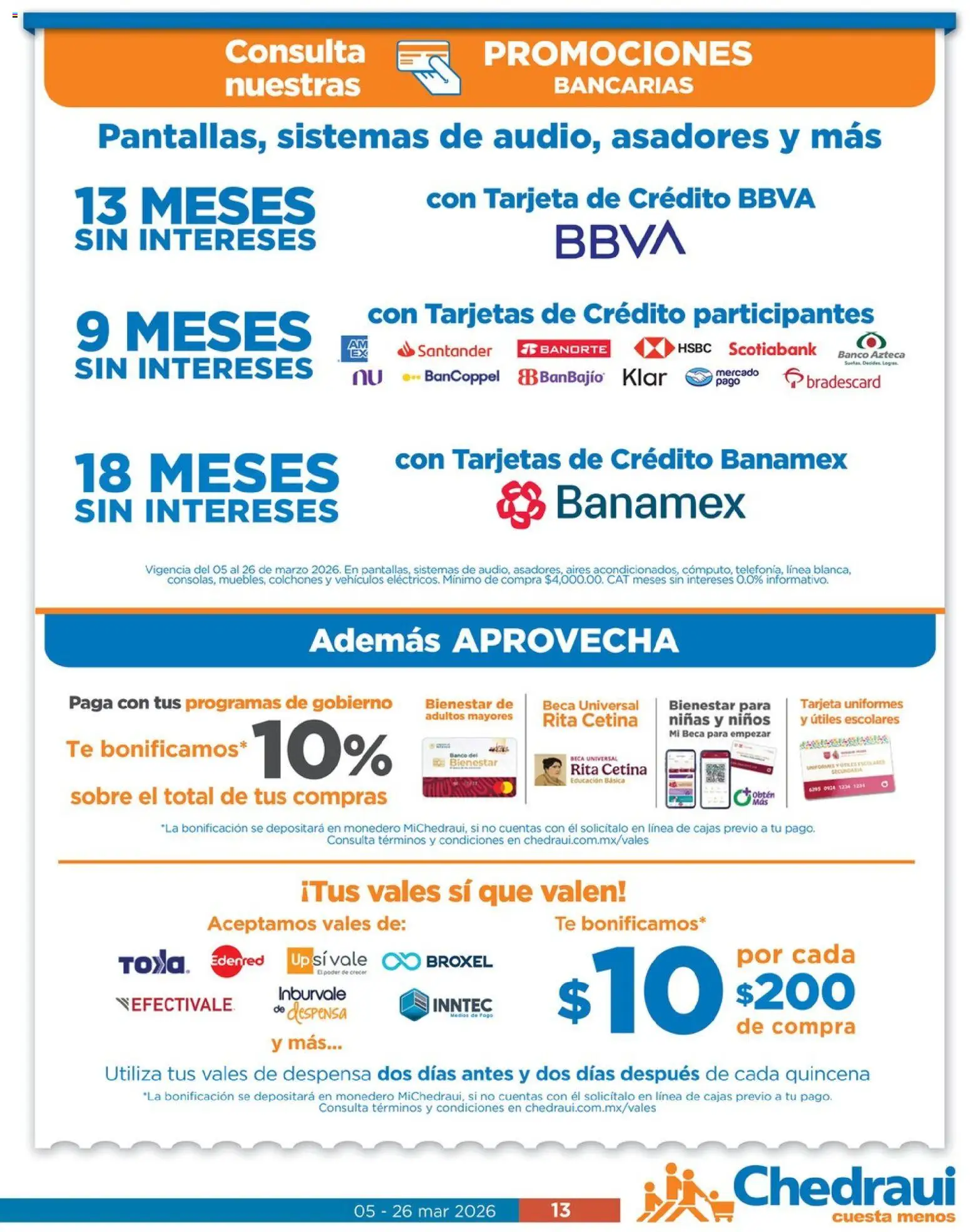 Nuevas ofertas de Chedraui válidas en toda la República Mexicana desde el 05.03.2026. ¡Encuentra las mejores ofertas en Chedraui folleto! | Página: 13 | Productos: Monedero, Banco, Despensa, Sobre