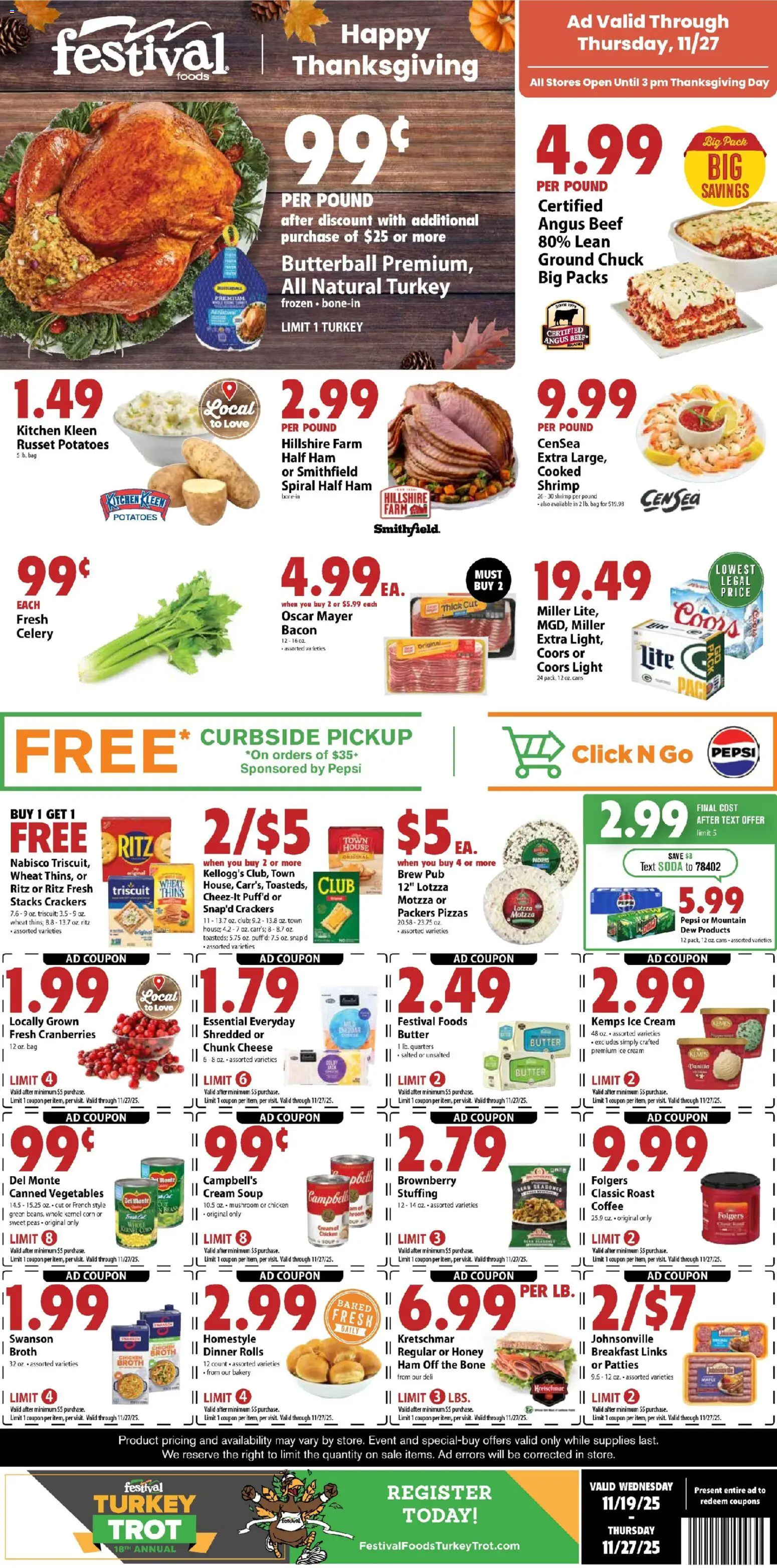 Festival Foods Weekly Ad - valid from 19.11.2025 | Page: 1 | Products: Corn, Cheese, Coffee, Cream