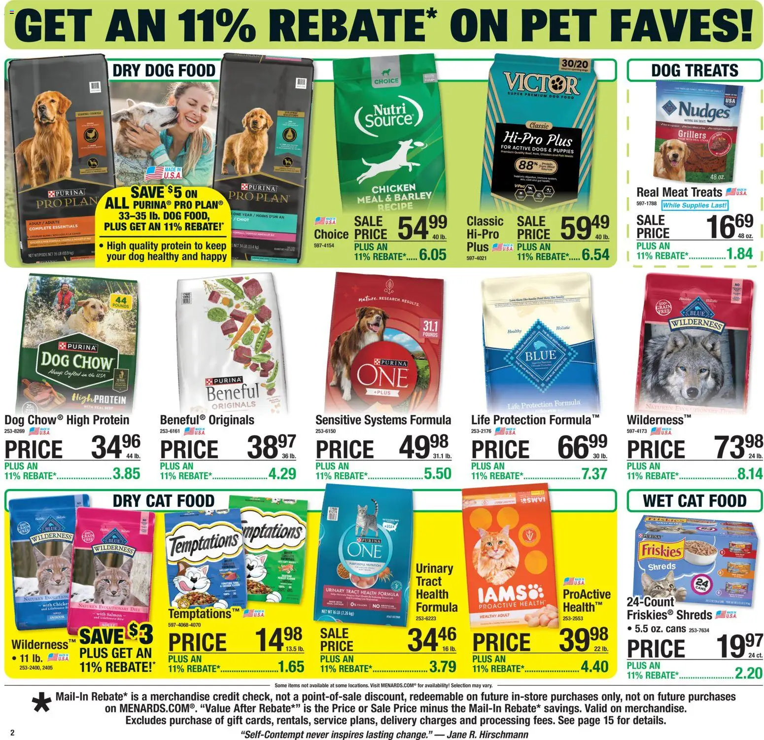 Menards - Weekly Ad - valid from 15.02.2026 | Page: 2 | Products: Dog Treats, Dog Food, Cat Food, Fish