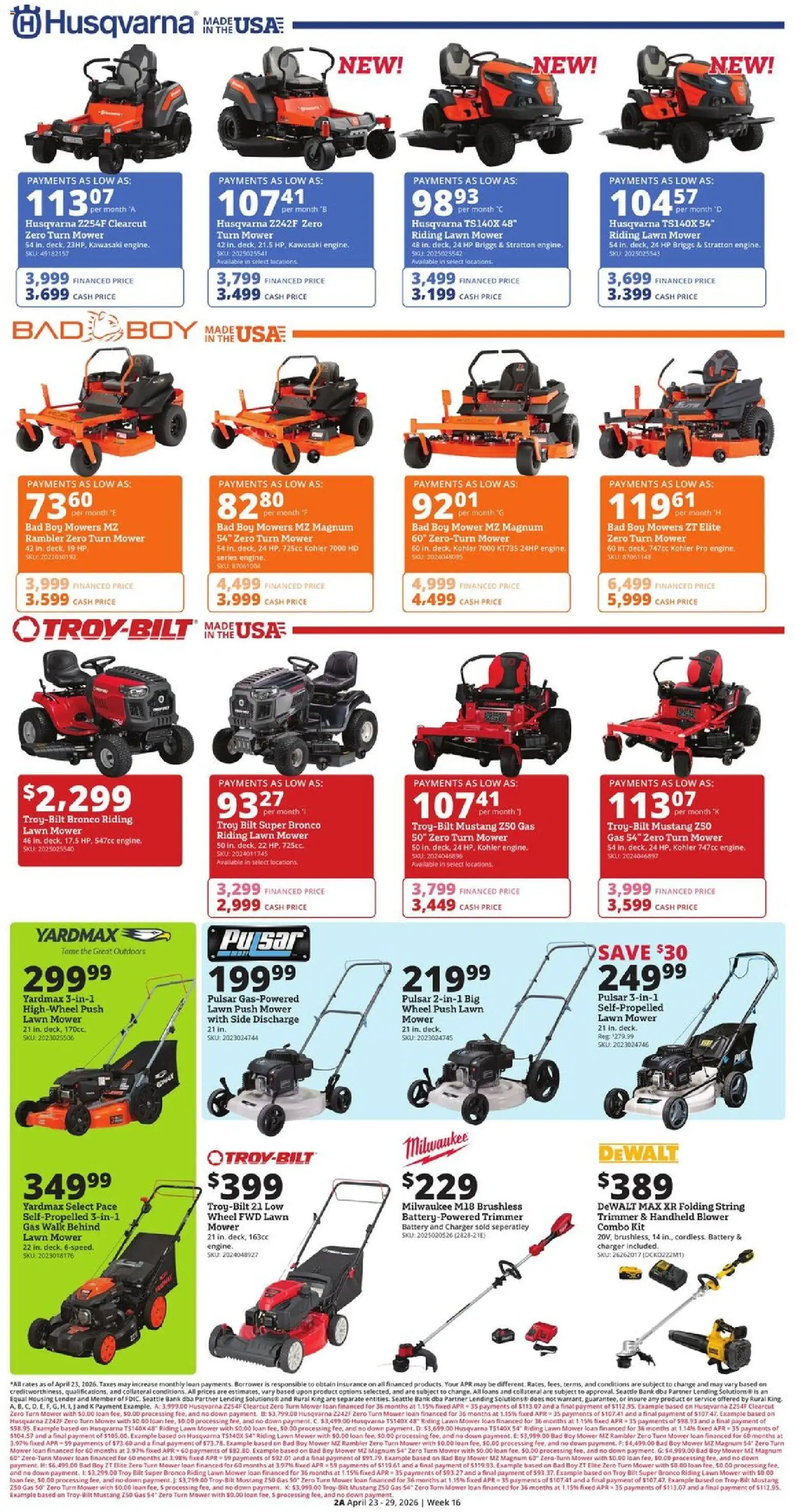 Rural King Weekly Ad - valid from 23.04.2026 | Page: 2 | Products: Lawn Mower, Trimmer, Charger, Blower