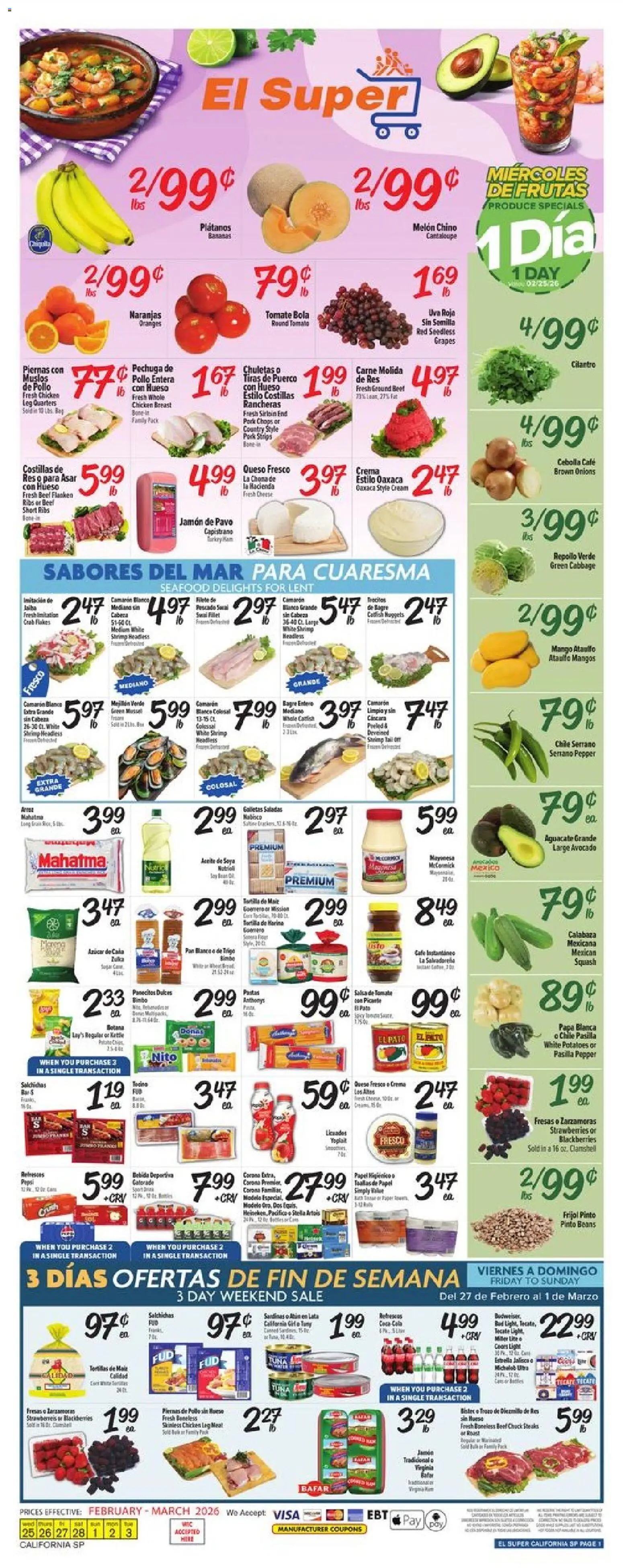 El Super Weekly Ad - CA - valid from 25.02.2026 | Page: 1 | Products: Oranges, Strawberries, Cream, Seafood