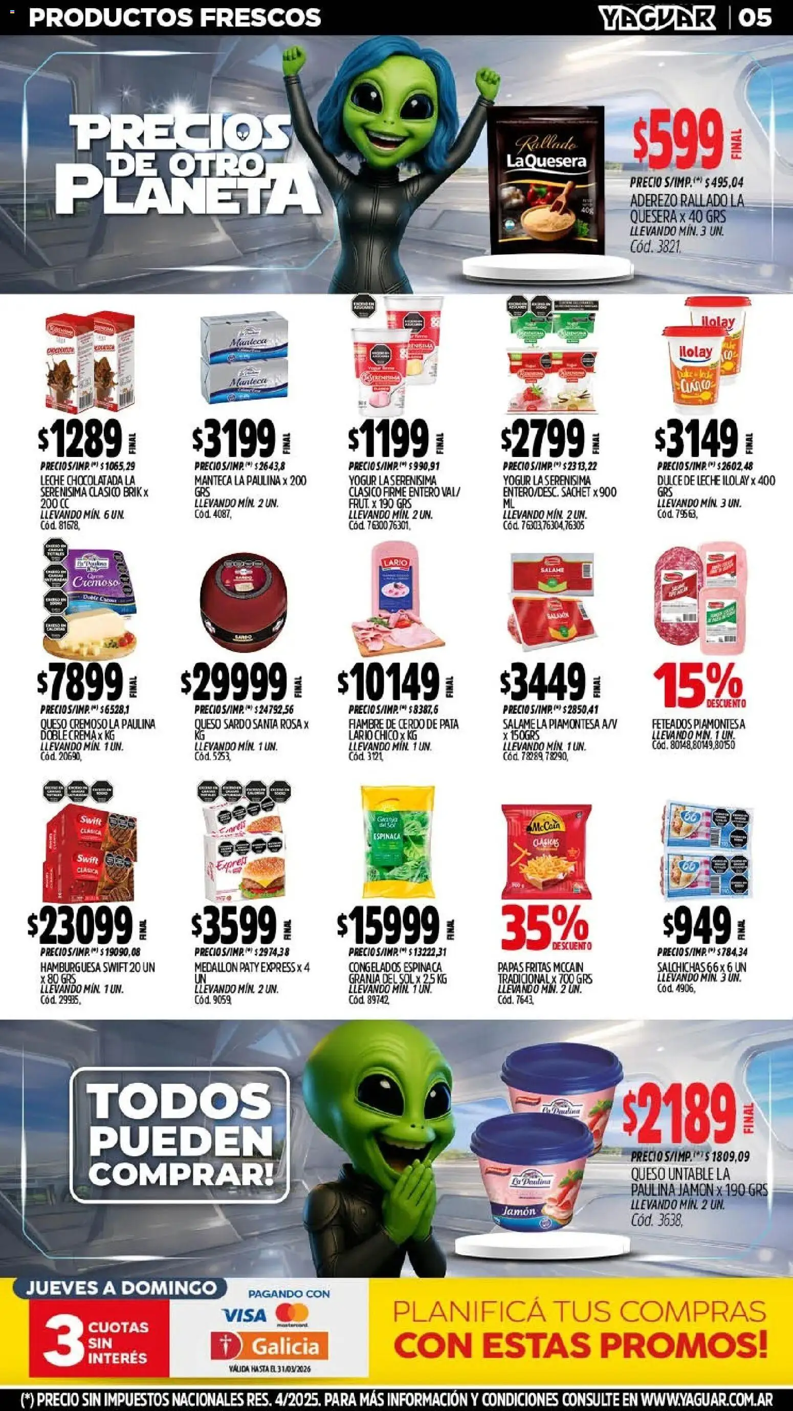 Yaguar - Oferta Semanal Trelew │ válido desde el 09.03.2026 | Página: 5 | Productos: Leche, Salame, Espinaca, Papas fritas