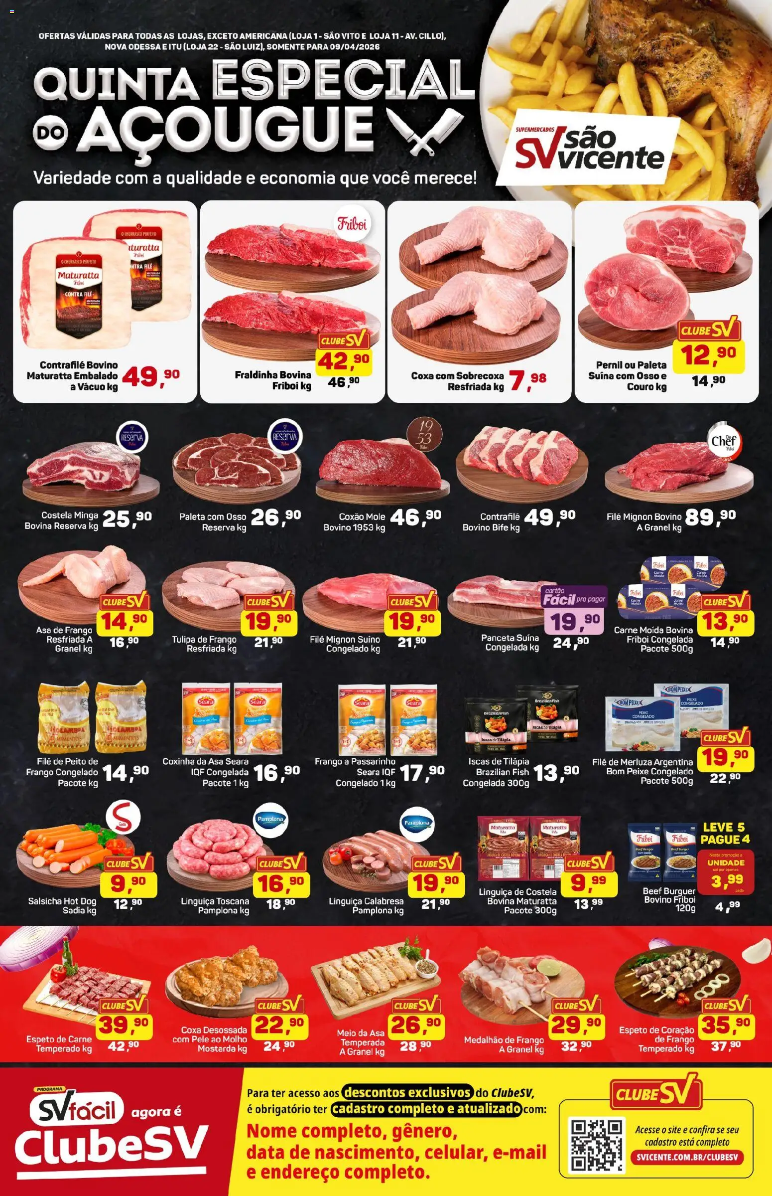 Supermercados São Vicente Folheto - válido de 09.04.2026 | Página: 1 | Produtos: Contra filé, Fraldinha, Carne, Carne moída