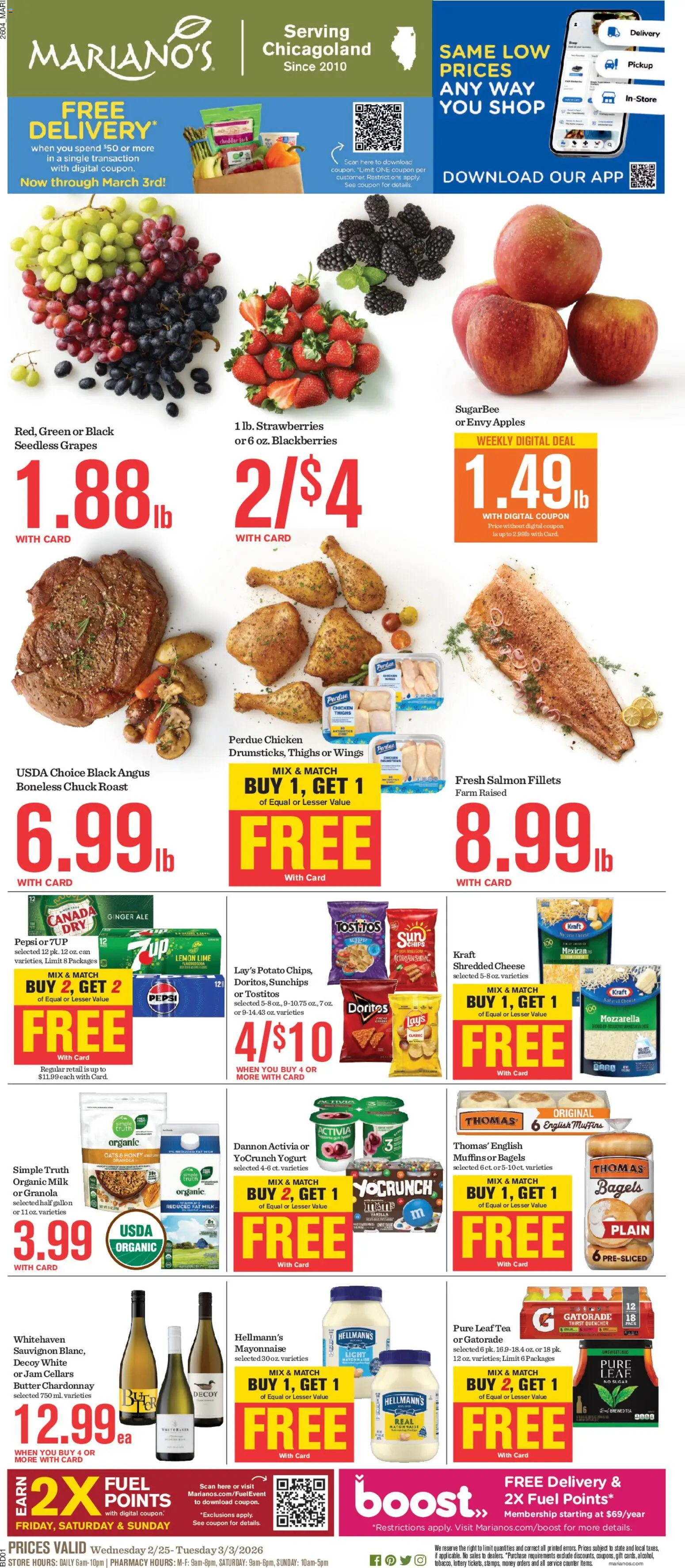 Mariano's Weekly Ad - valid from 25.02.2026 | Page: 1 | Products: Cheese, Strawberries, Lime, Grapes