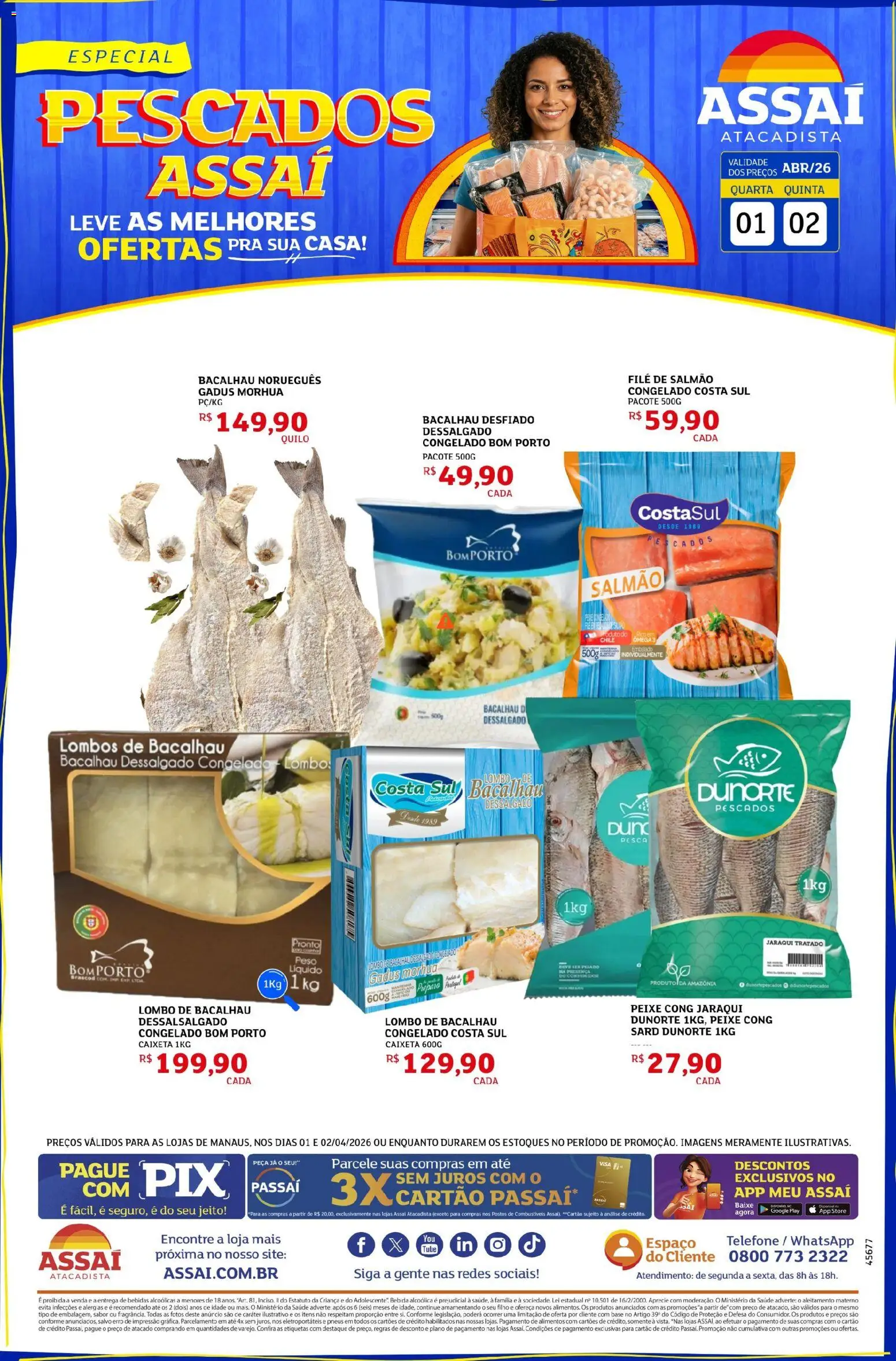 Assaí Atacadista Folheto - válido de 01.04.2026 | Página: 1 | Produtos: Salmão, Bacalhau, Base, Telefone