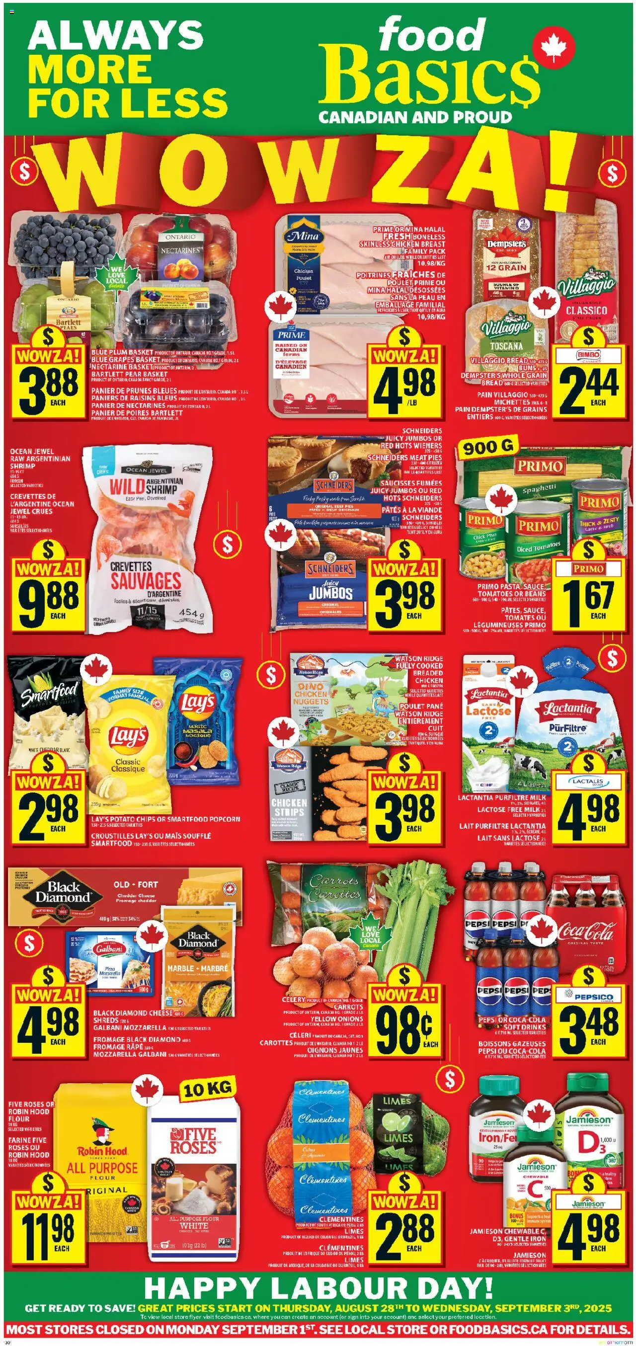 Food Basics flyer valid from 28.08.2025 | Page: 1 | Products: Chips, Iron, Cheese, Tomatoes