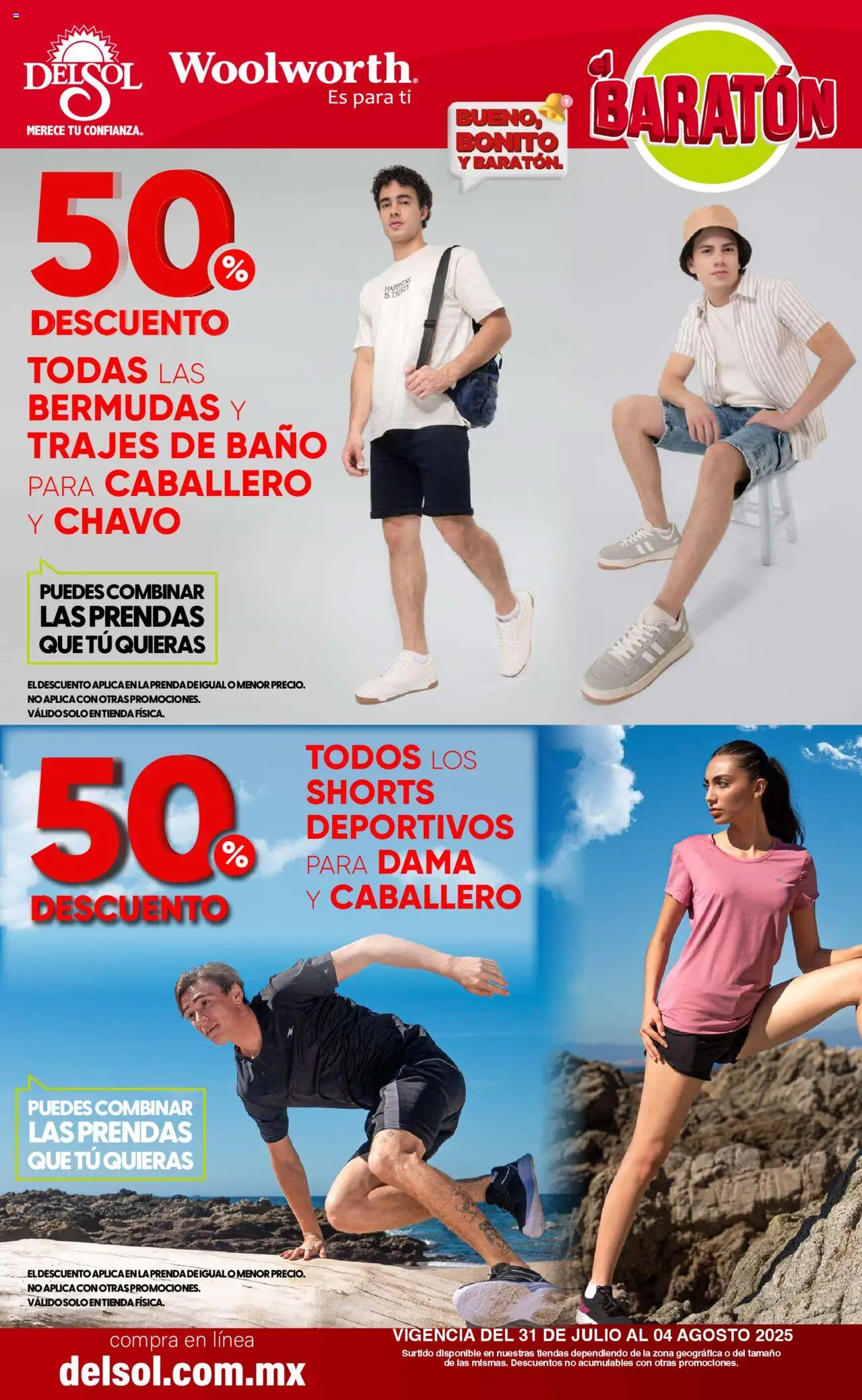 Nuevas ofertas de Del Sol y Woolworth válidas en toda la República Mexicana desde el 31.07.2025. ¡Encuentra las mejores ofertas en Del Sol y Woolworth - Catálogo Bueno, Bonito y Baratón! | Página: 2 | Productos: Bermudas, Baño